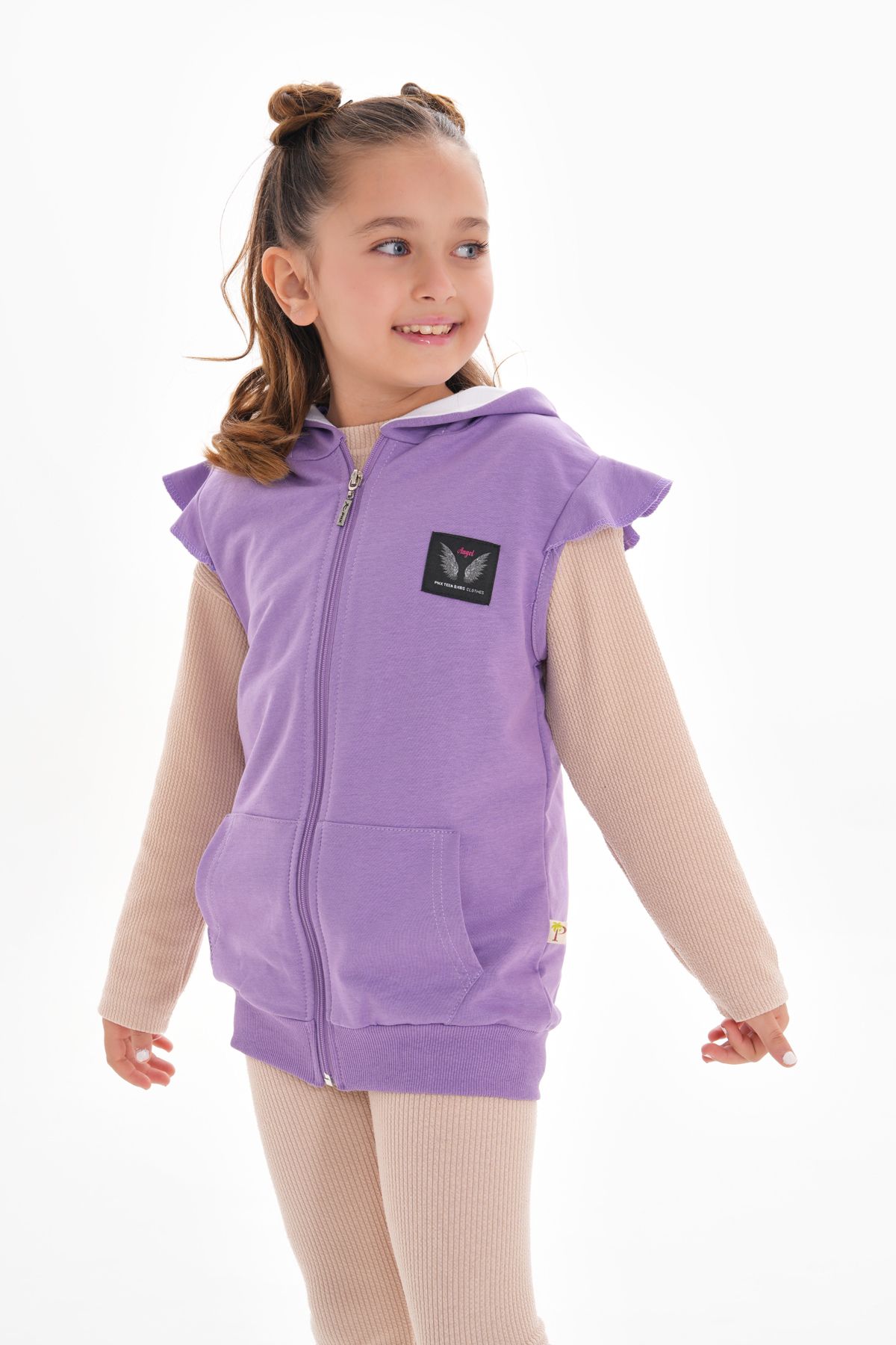 ROBA KIDS-Girls, Cotton 2-Thread, Accessory Detail, Ruffle Sleeve, Kangaroo Pocket, Hooded Vest Rb-0090 1