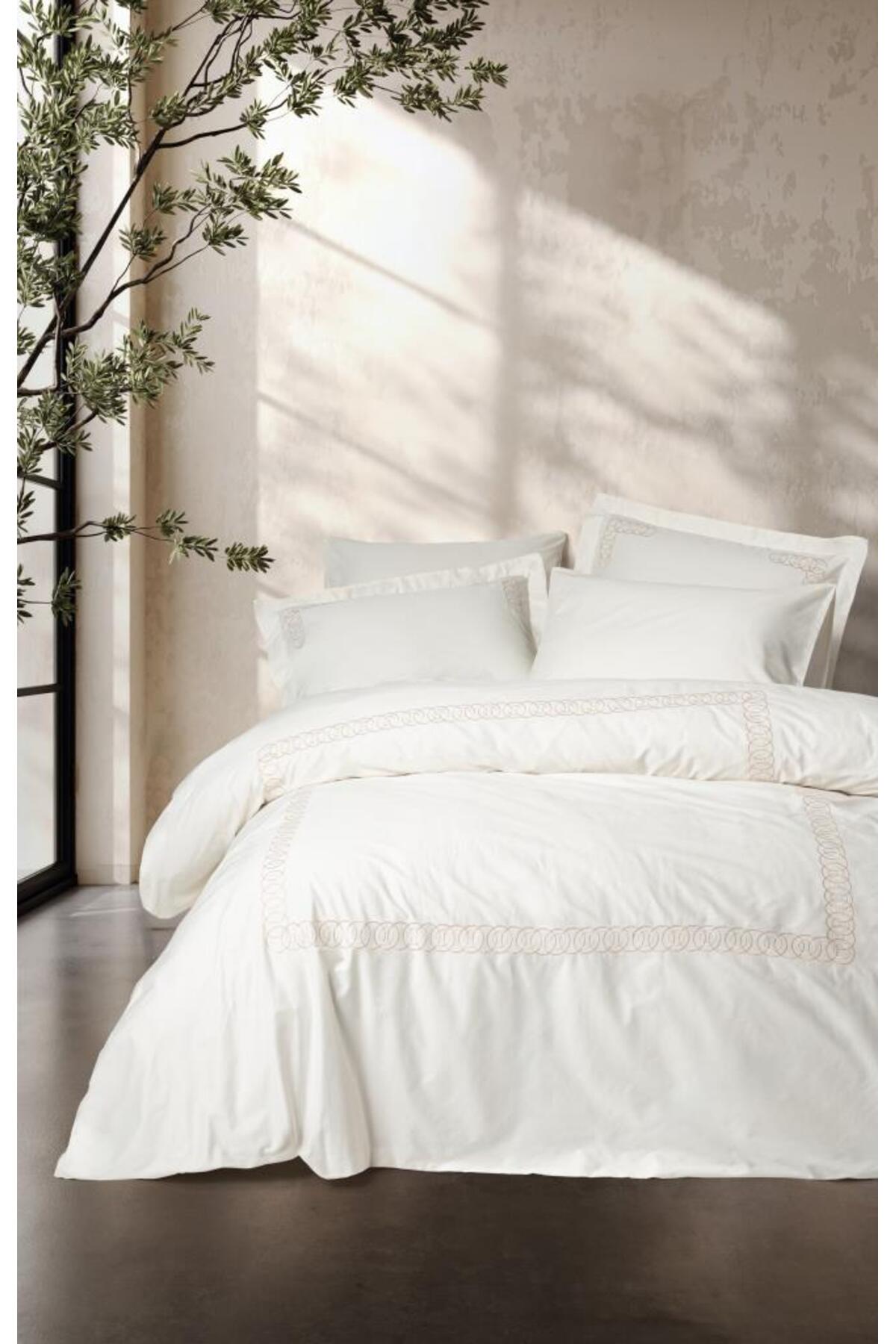 Brode Embroidered Double Satin Duvet Cover Set Riley Ecru