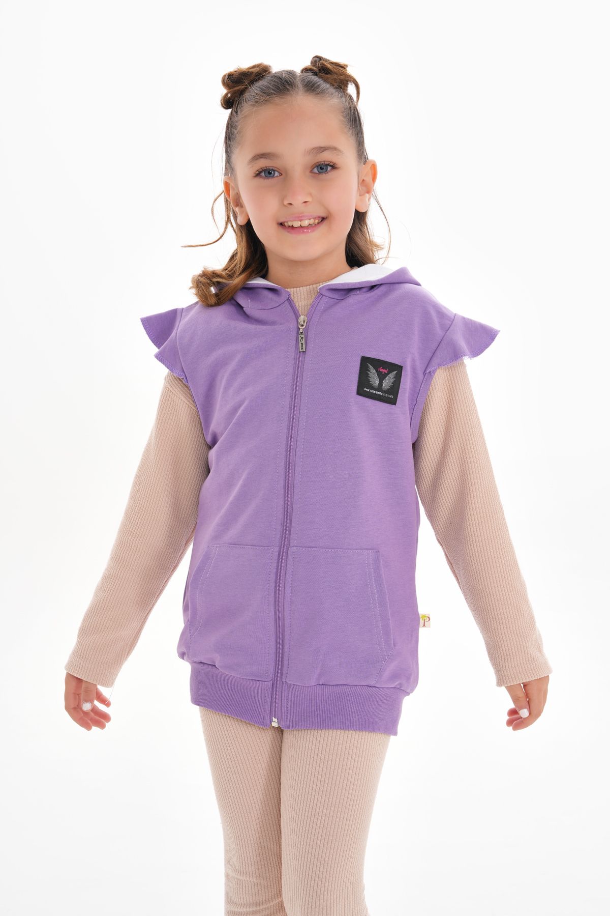 ROBA KIDS-Girls, Cotton 2-Thread, Accessory Detail, Ruffle Sleeve, Kangaroo Pocket, Hooded Vest Rb-0090 3