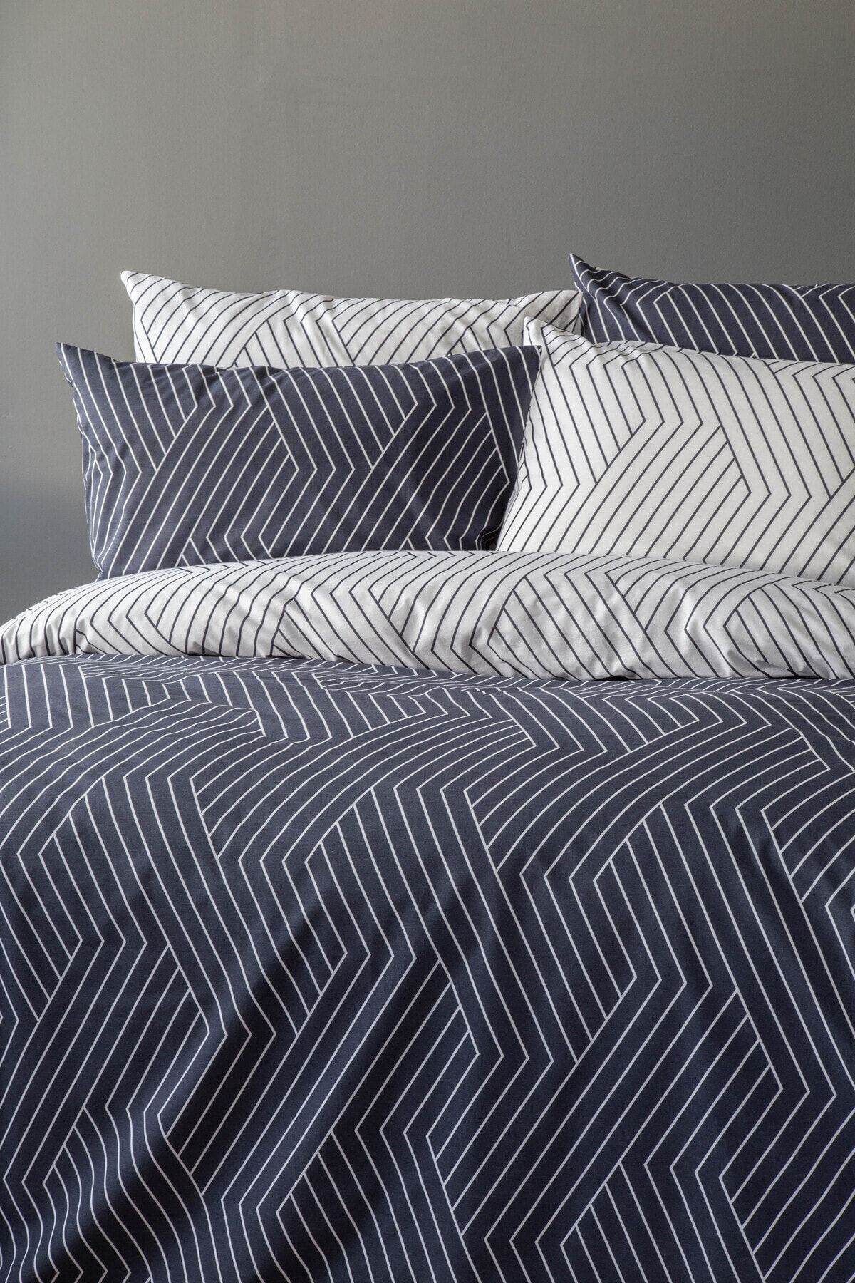 Leruum London-Oslo Double Navy Blue Duvet Cover Set with 2 Pillowcases Double Sided Stripes 200X220 5