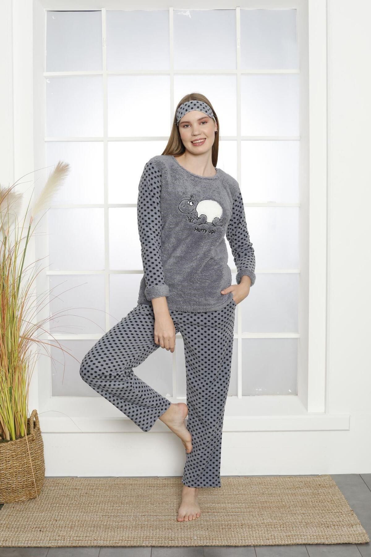 Akasya Kadın Uzun Kollu Cepli Gül Polar Pijama Takımı 01861