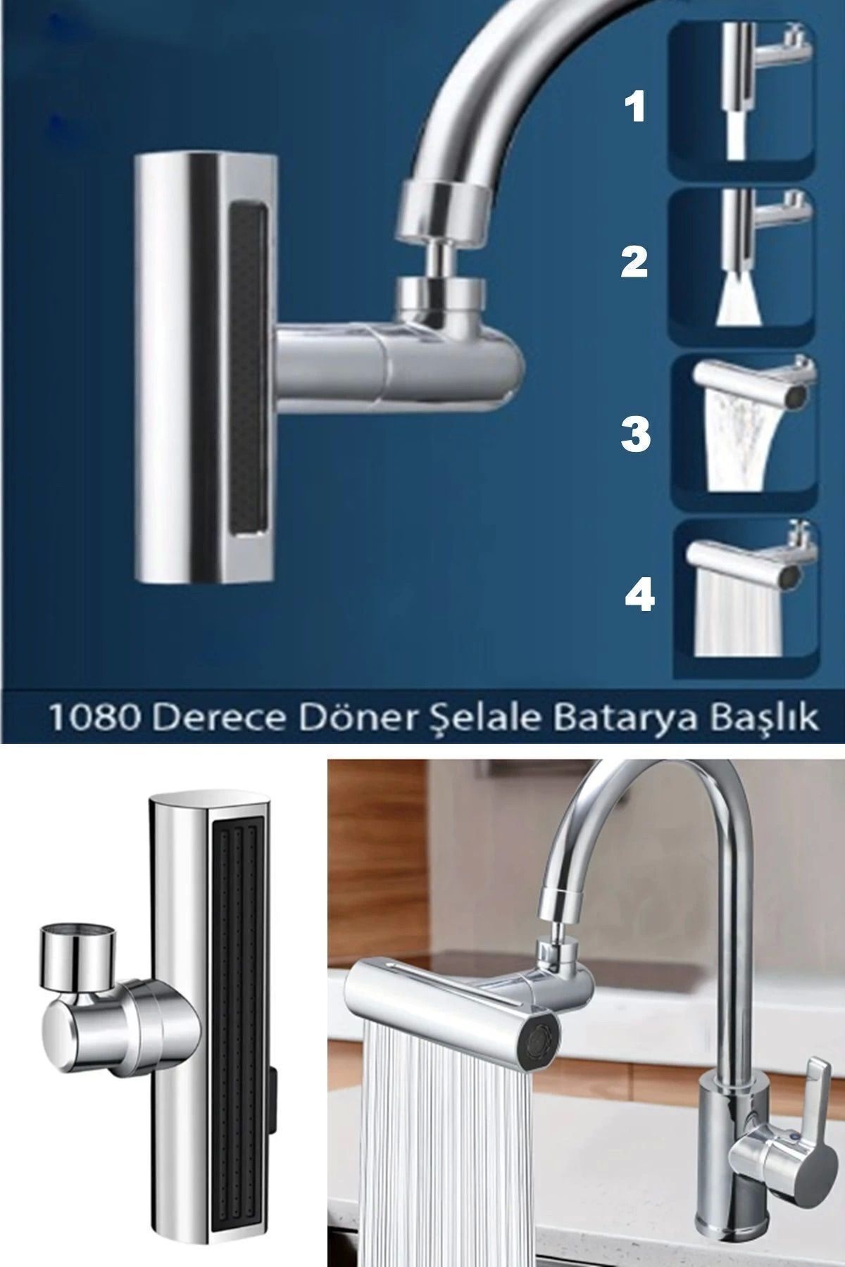 Easy Tedarik Krom Tasarruflu Şelale Musluk Başlığı 4 Modlu, Ayarlanabilir, Su Tasarrufu Sağlayan Pratik Başlık