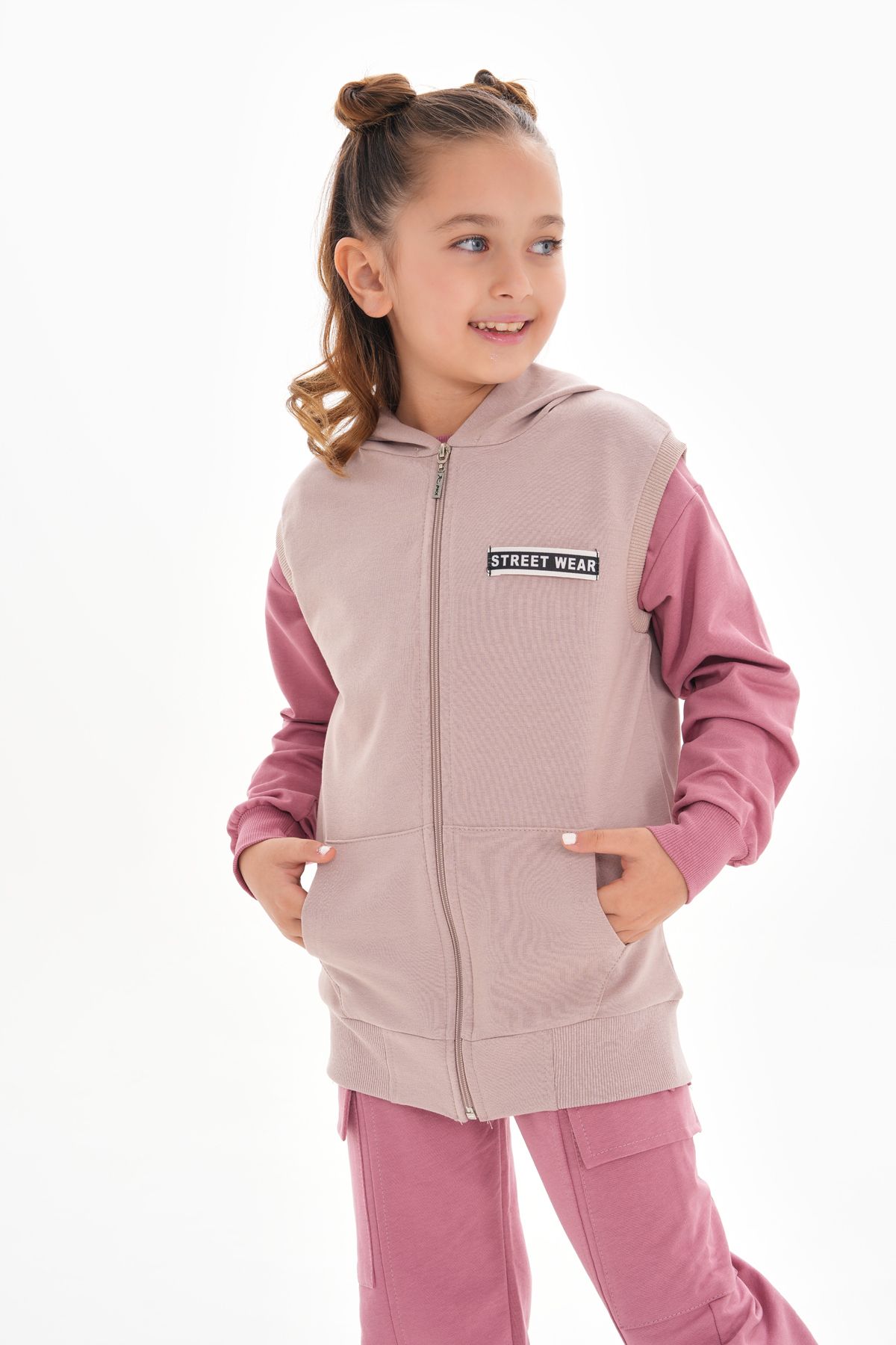 ROBA KIDS-Boys Girls, Cotton 2-Thread, Accessory Detailed, Ribbed Sleeve, Kangaroo Pocket, Hooded Vest Rb-0010 2