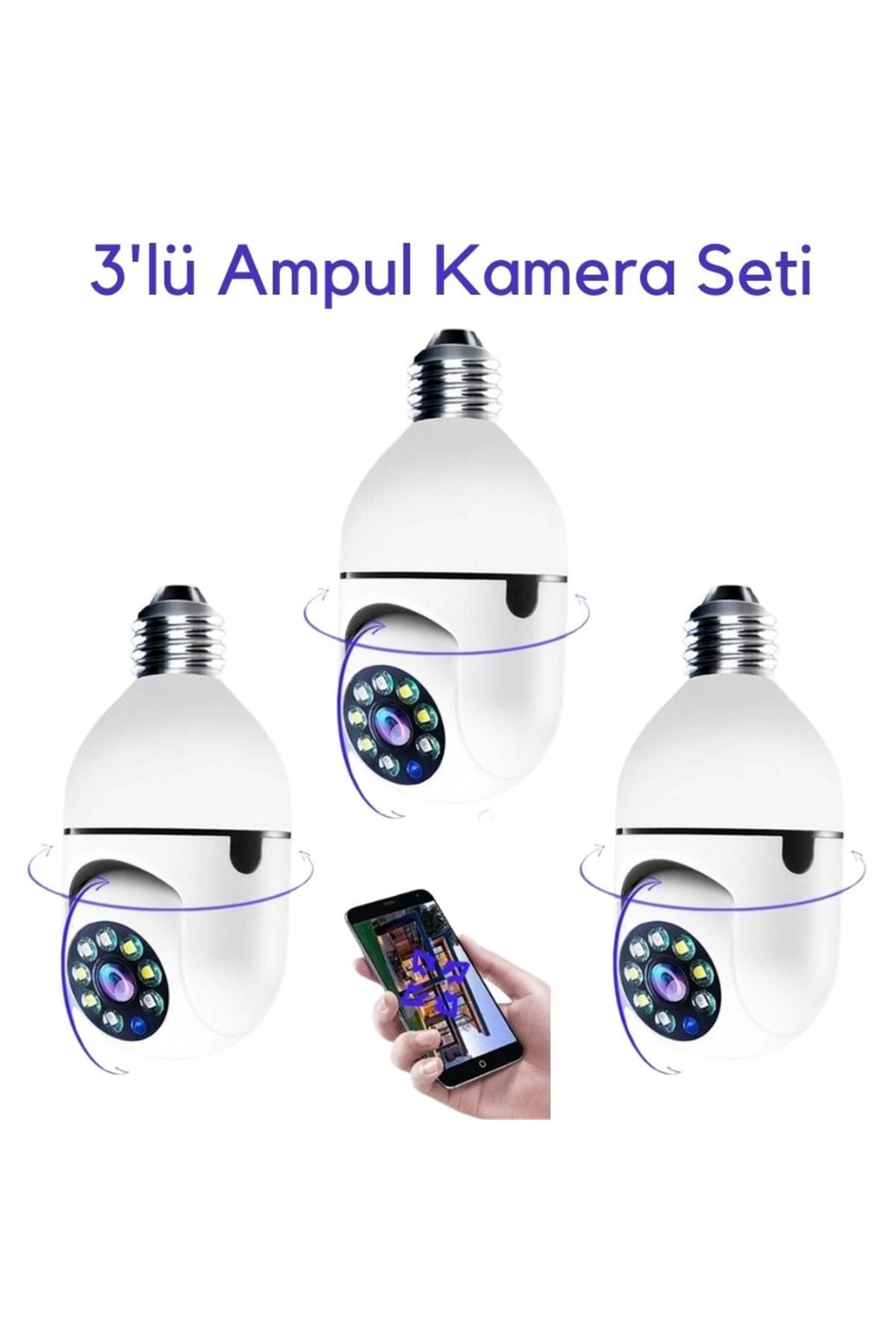 Easy Tedarik 3 Lü Kamera Seti Wifi 360 Derece Panoramik Ampul Kamera Güvenlik Kamerası Gece Görüşlü Sesli