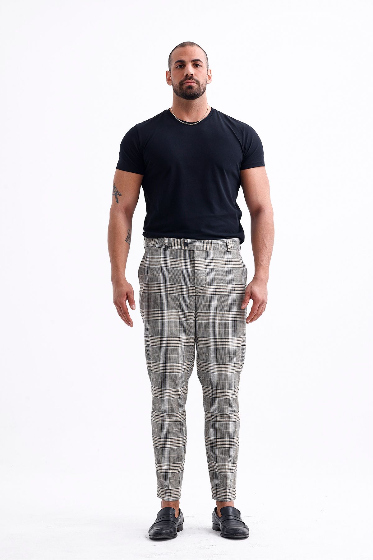 Koch London-Men's Oversize Pants - Grey and Beige Checked Pattern, Modern and Stylish Design 1