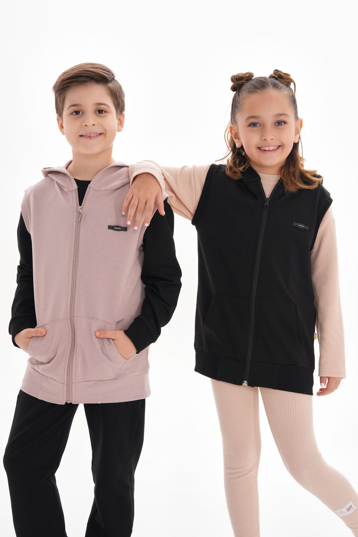 ROBA KIDS-Boys Girls, Cotton 2-Thread, Accessory Detailed, Ribbed Sleeve, Kangaroo Pocket, Hooded Vest Rb-0010 3