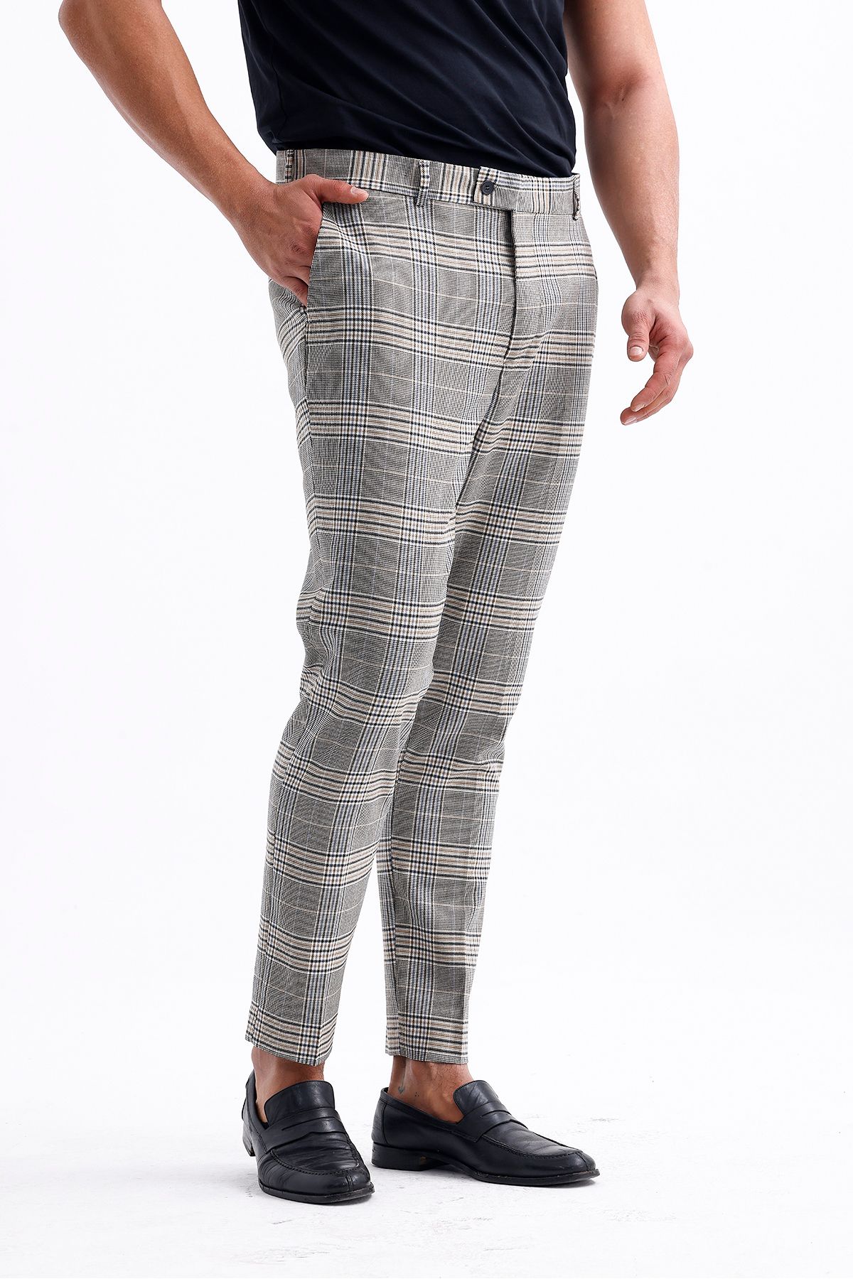 Koch London-Men's Oversize Pants - Grey and Beige Checked Pattern, Modern and Stylish Design 4