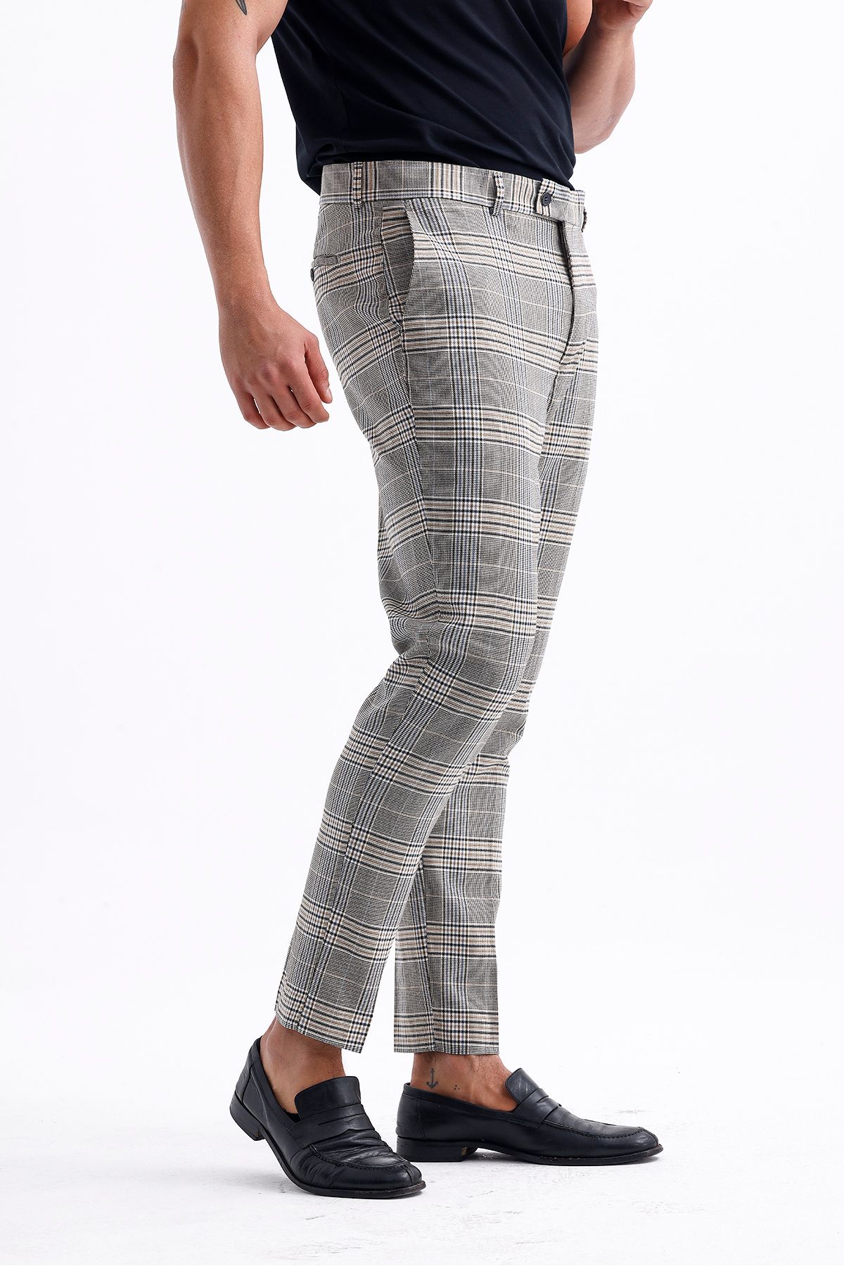 Koch London-Men's Oversize Pants - Grey and Beige Checked Pattern, Modern and Stylish Design 5