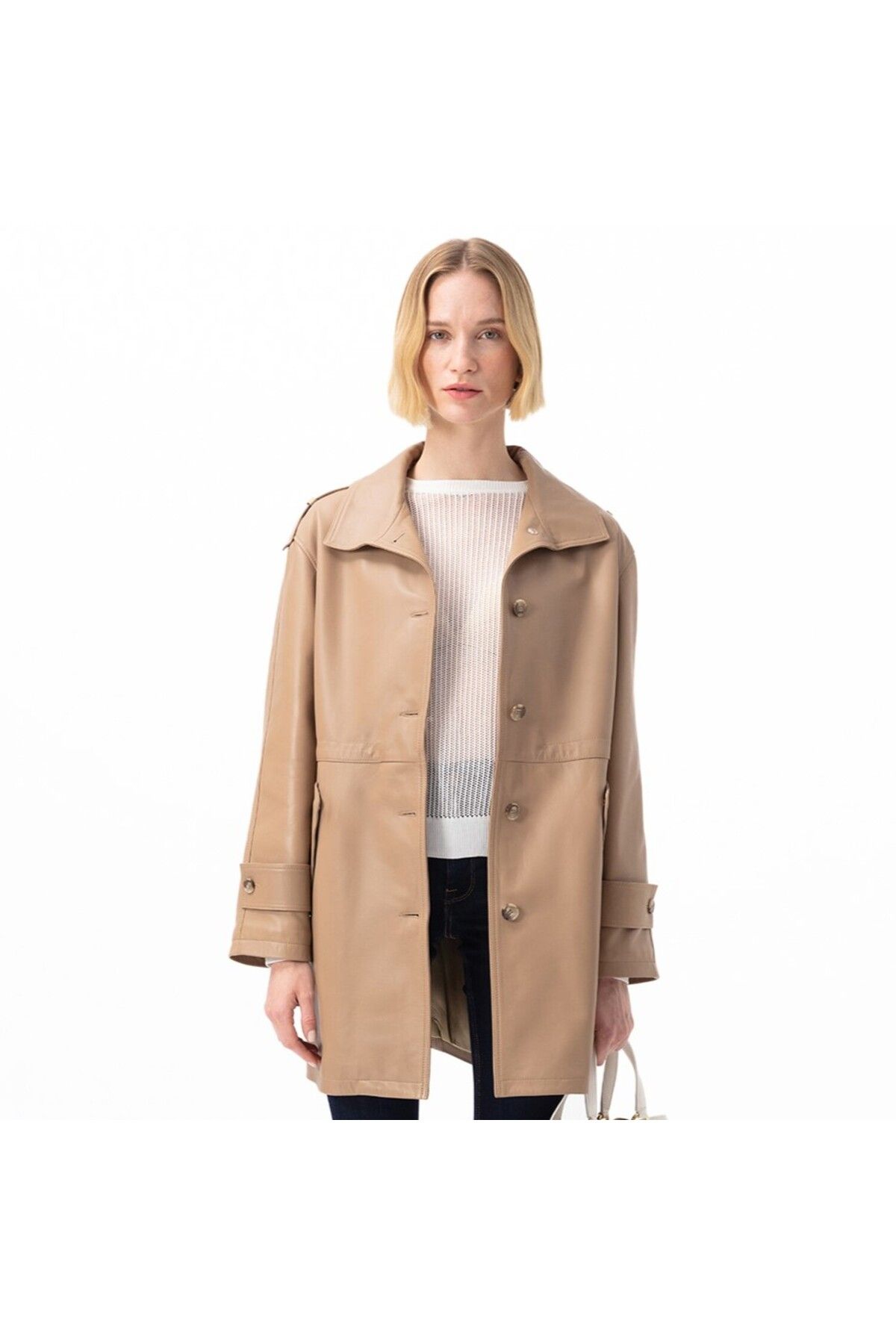 Desa-Carlynda Beige Women's Leather Oversize Top Coat 1