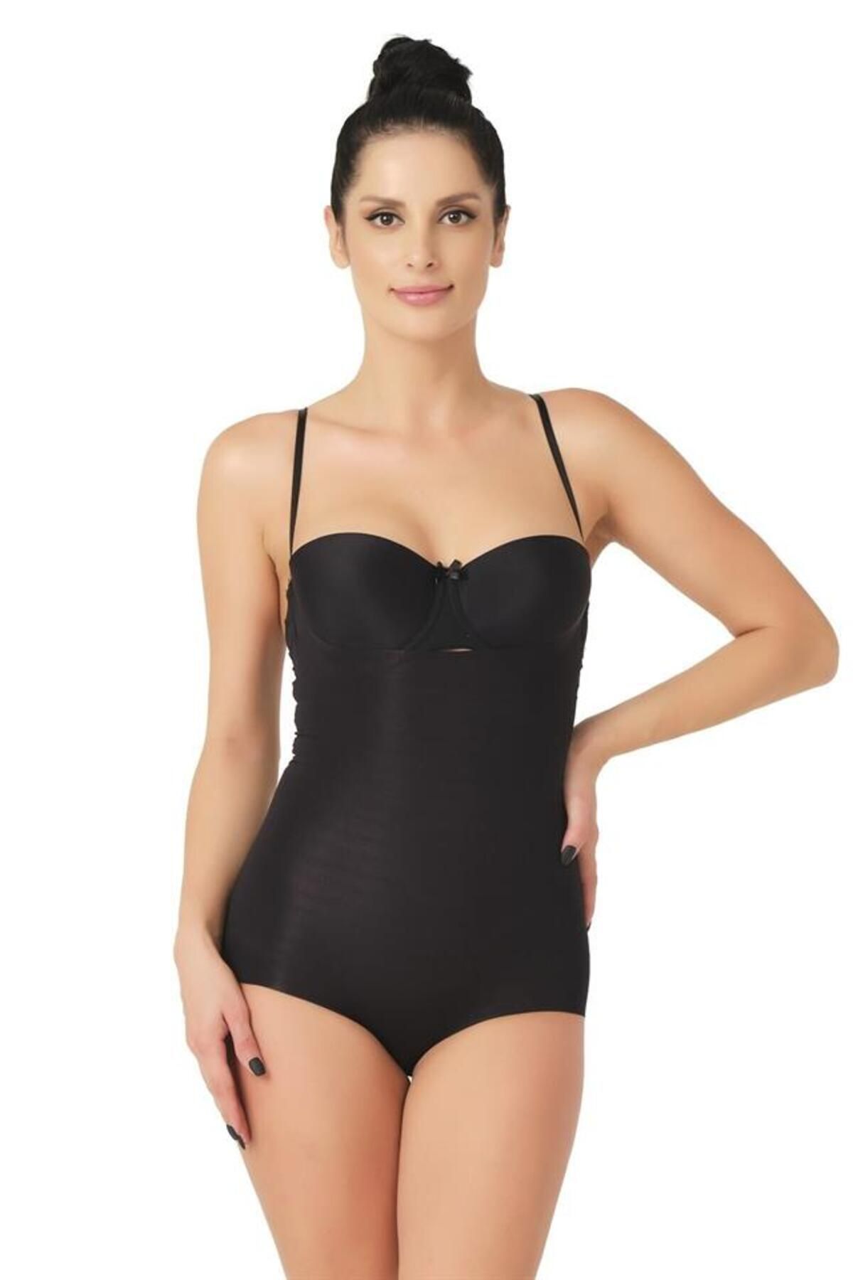 Butik Siyah Emay 2723 Lazer Kesim Göğsü Açık Slip Korse