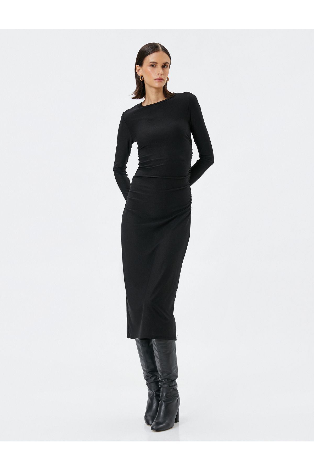 Midi Kalem Elbise Uzun Kollu Bisiklet Yaka Slim Fit