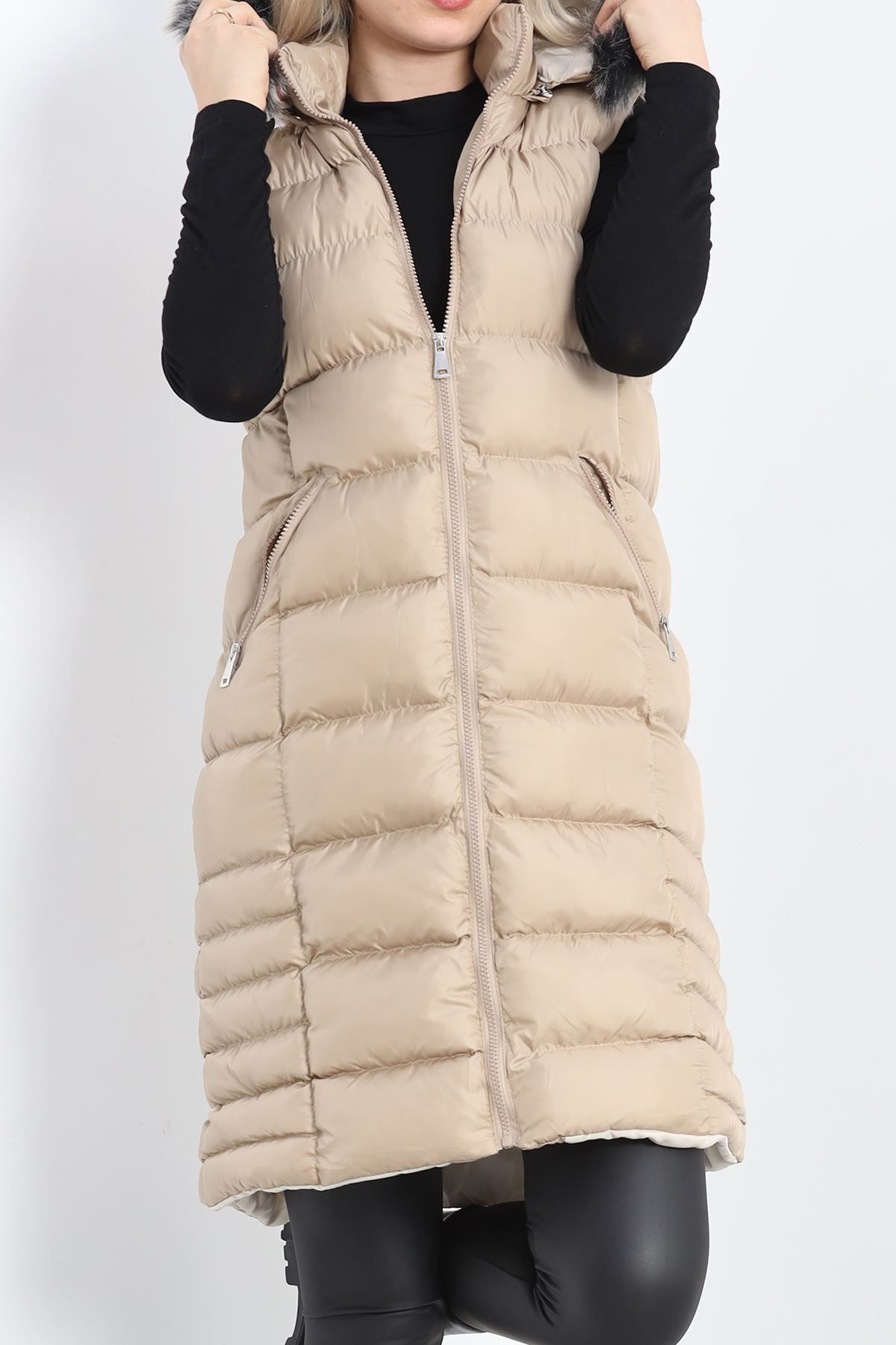 Nateli-Stone Colored Collar Sheepskin Inflatable Vest - 1363.1839 1