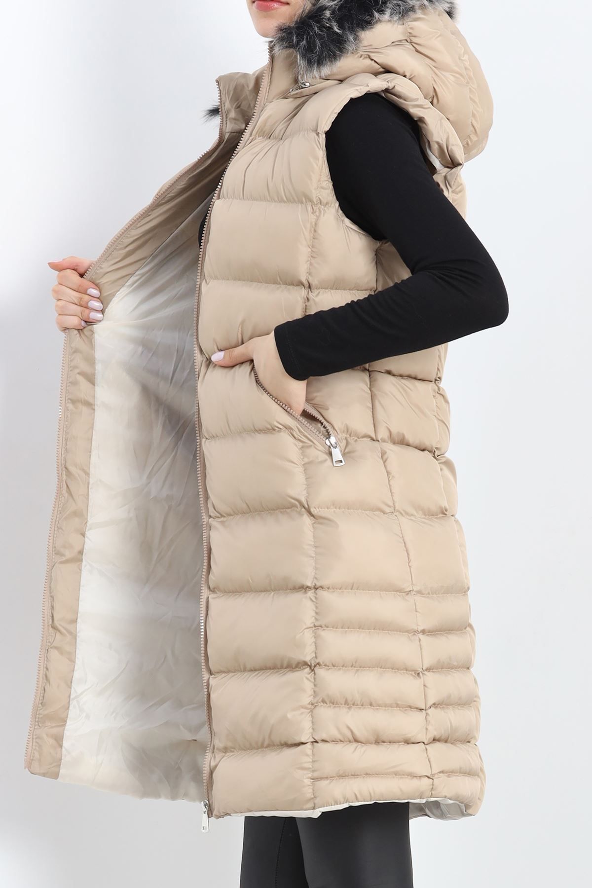 Nateli-Stone Colored Collar Sheepskin Inflatable Vest - 1363.1839 3