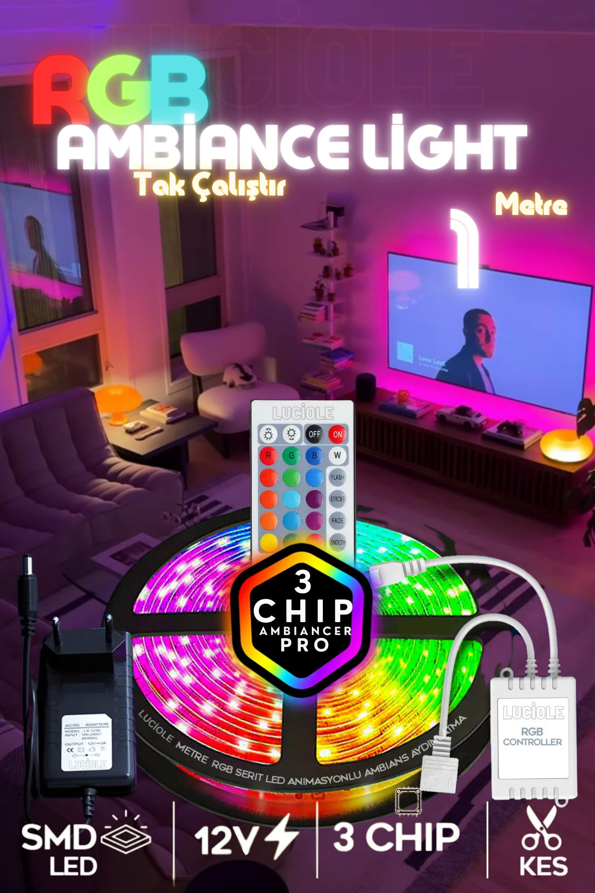 luciole Rgb Led Tak Çalıştır 16 Renkli 4 Animasyonlu Tv Arkası Led Yatak Odası Led Bilgisayar Led 1metre