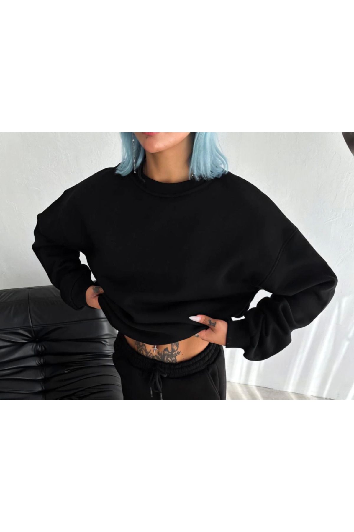 ZenWave Kışlık Bisiklet Yaka Üç İplik Basic SweatShirt - Siyah