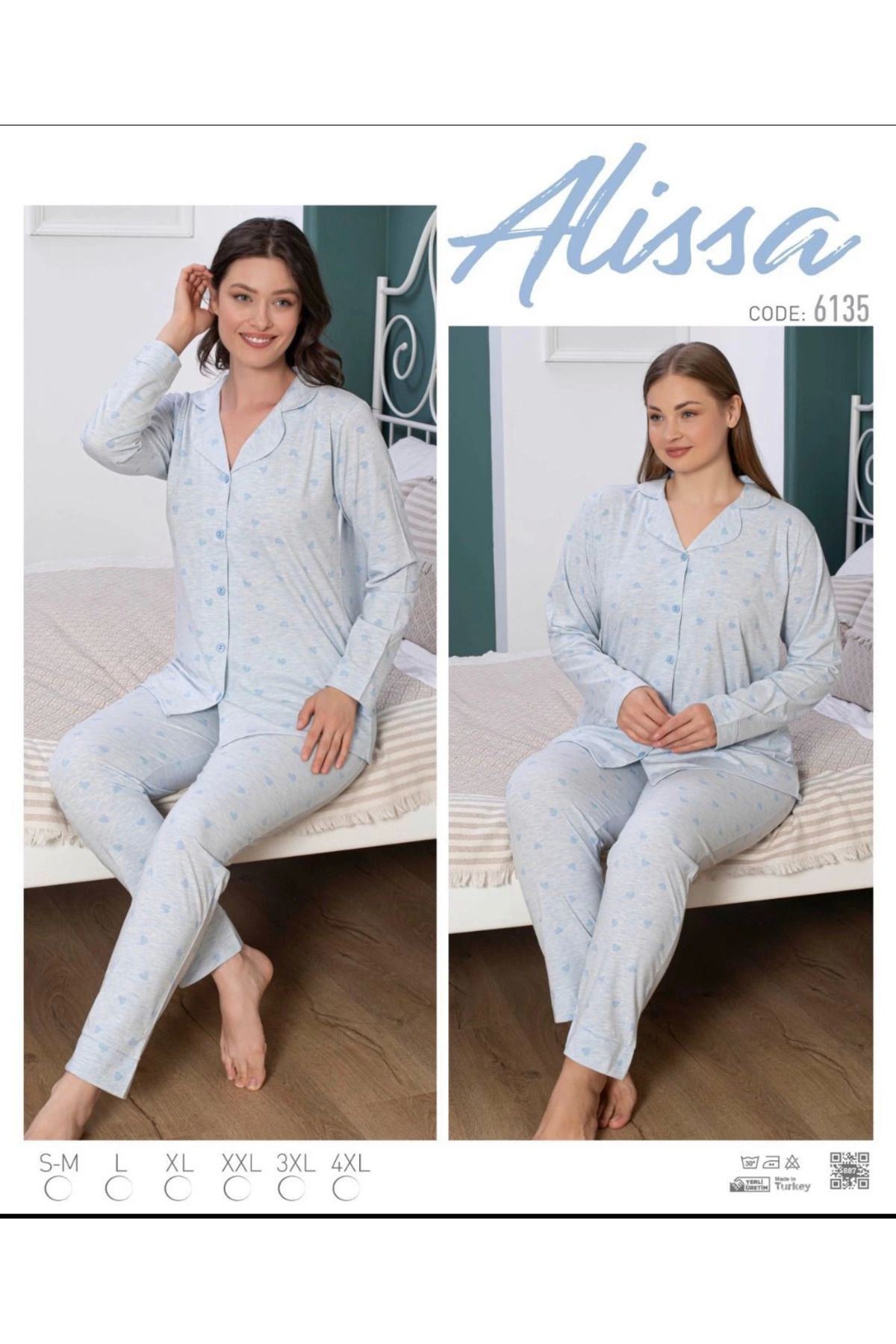 ZenWave BSMA Alissa 6135 Kadın Mavi Kalpli Uzun Kol Patlı Pijama Takımı