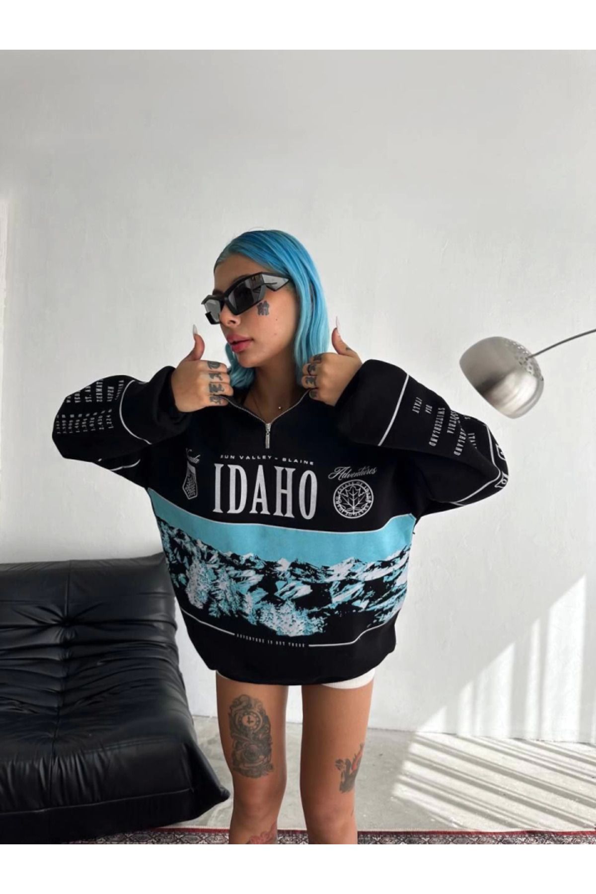 ZenWave Yarım Fermuarlı Oversize Baskılı SweatShirt - Siyah