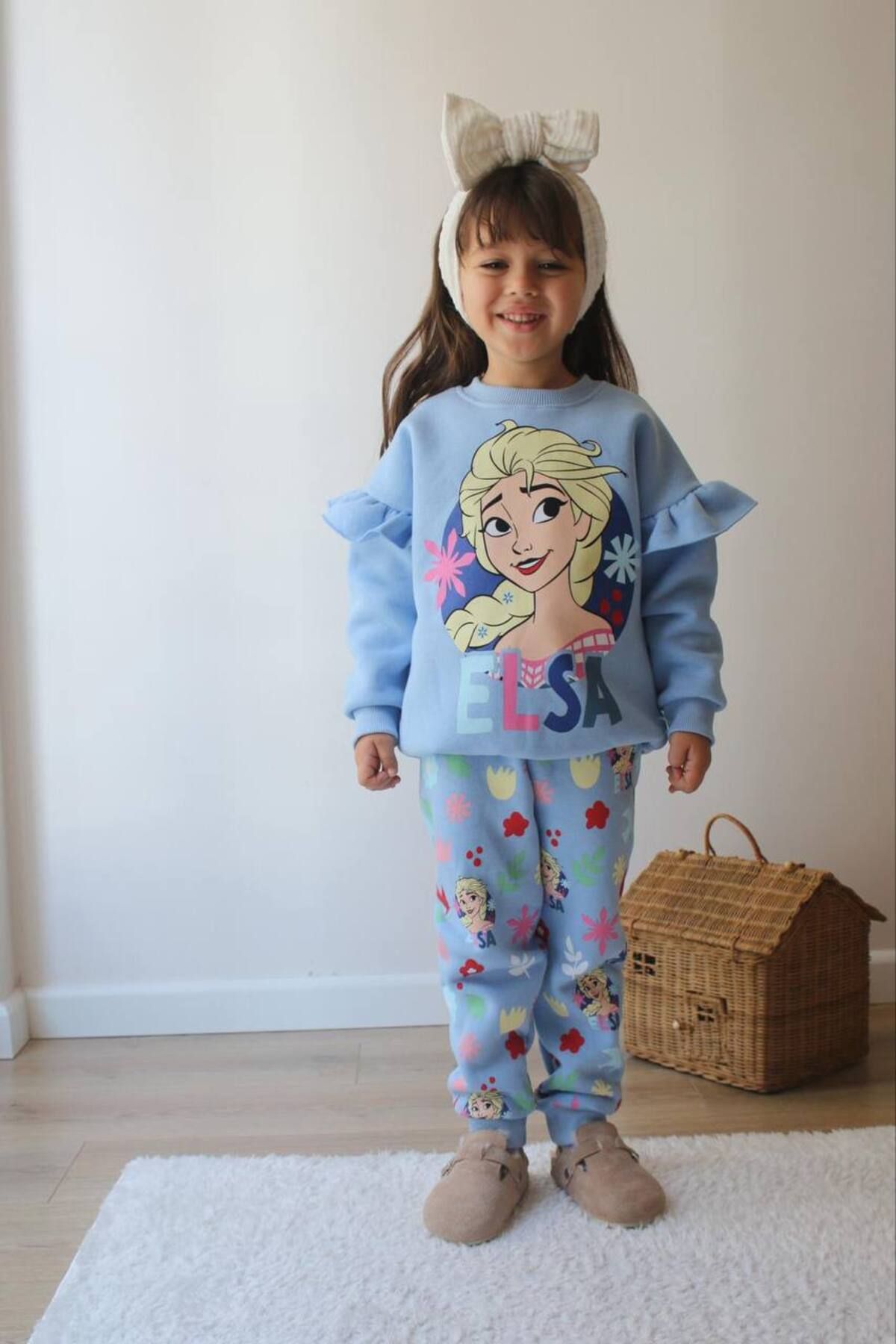 SACRO KİDS-طقم بناتي شتوي مطبوع عليه Elsa Tracksuit-Sweatshirt 3 Yarn Raised 2