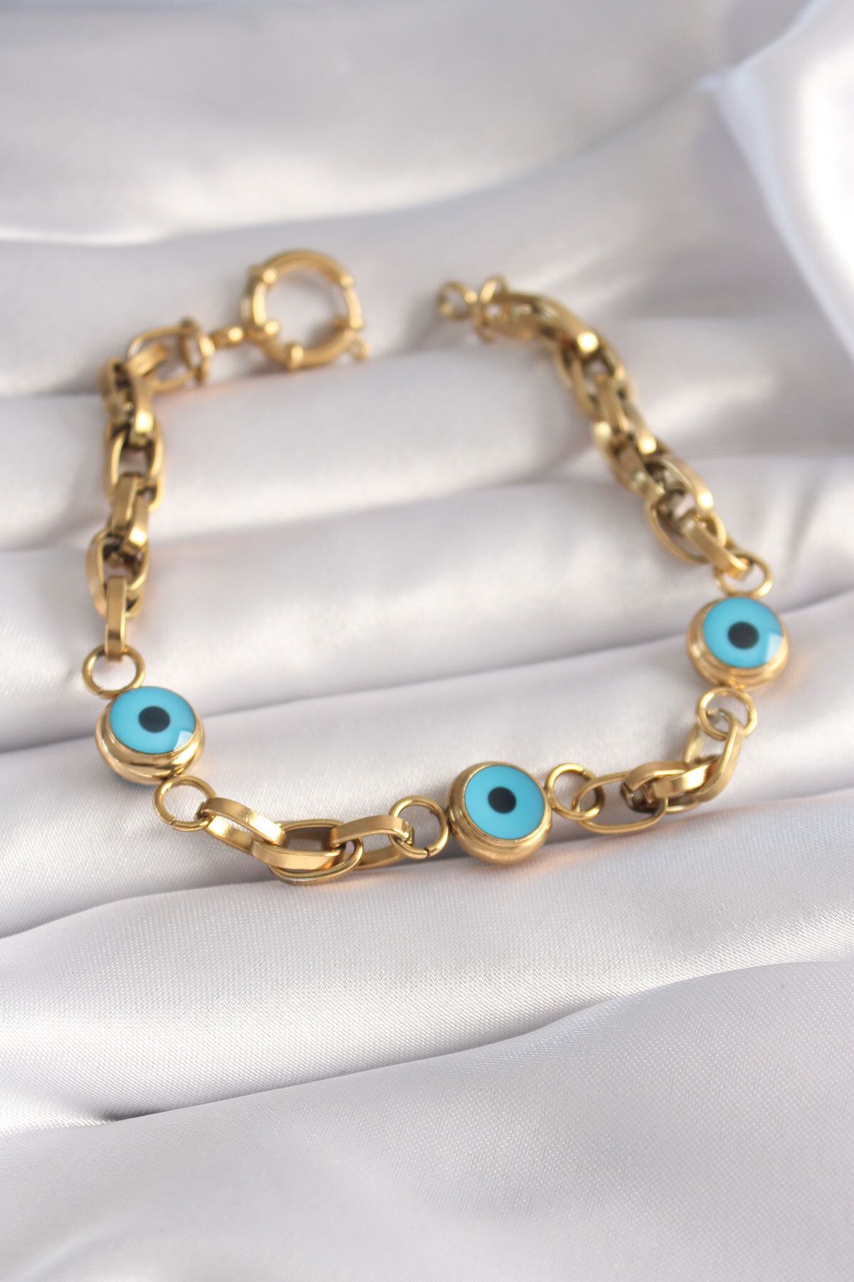 pazarella-Gold Colored 316L Thick Chain and Evil Eye Beaded Women's Bracelet - Tj-bb5959 1