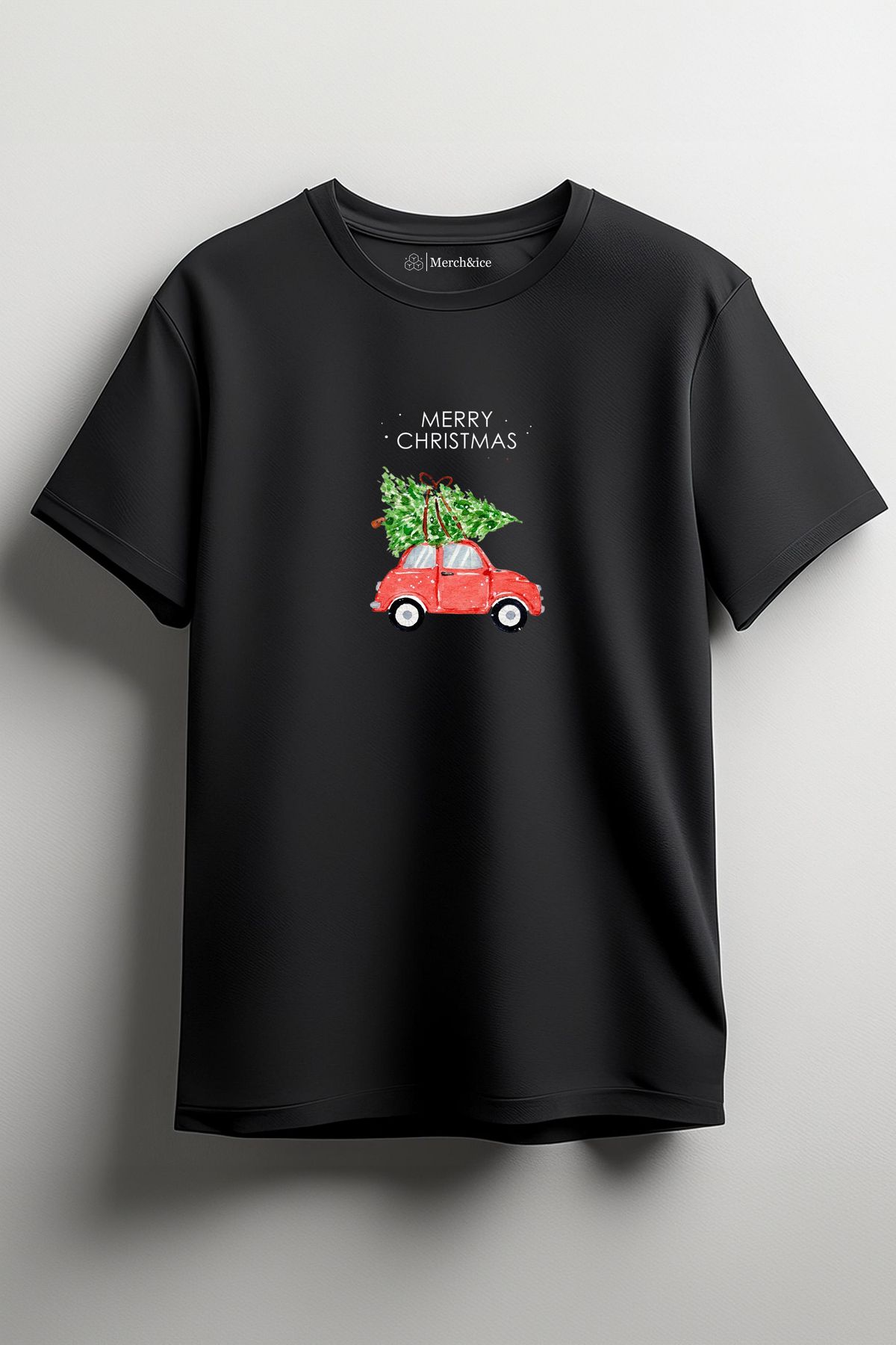 SM Satranç Medya-Merry Christmas Car and Christmas Tree Christmas Printed Unisex T-Shirt 1