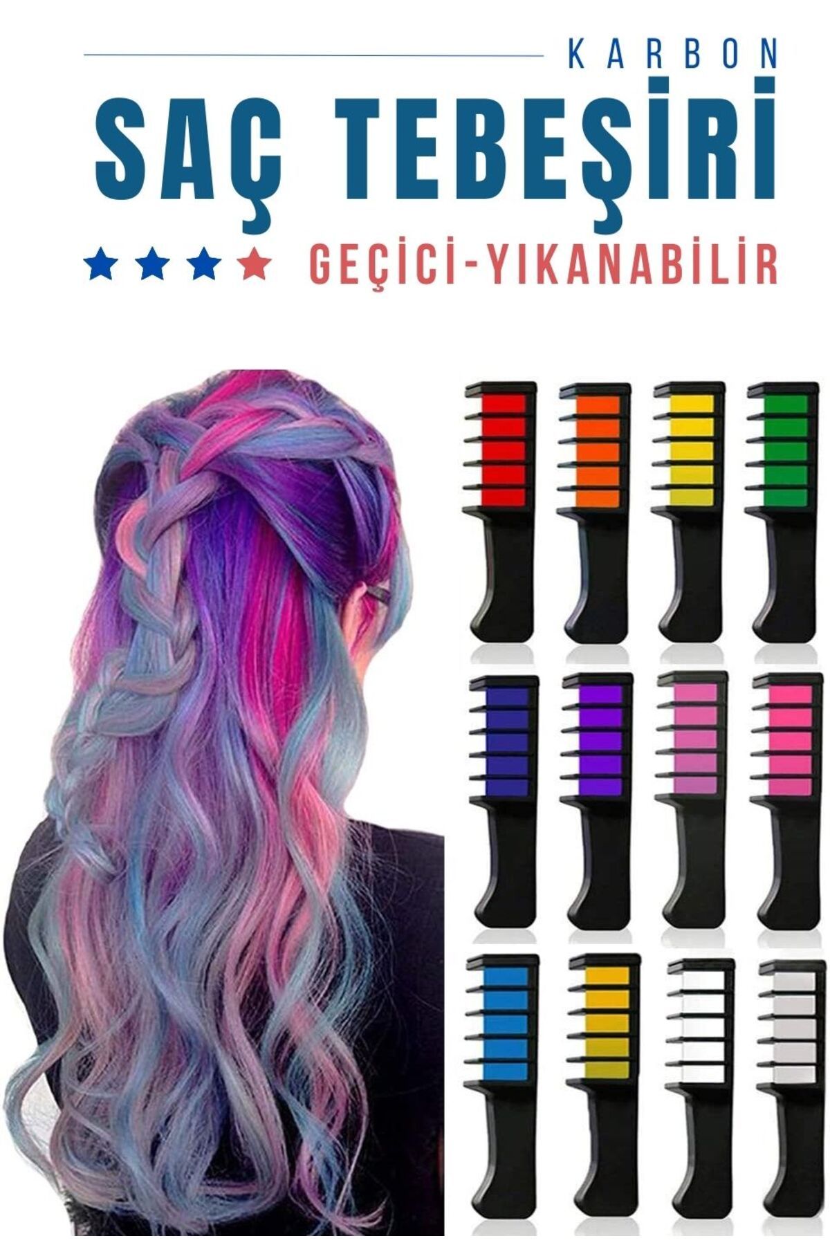 Takaz Global Geçici Saç Tebeşir Tarak Renklendirici Seti 12 Renk