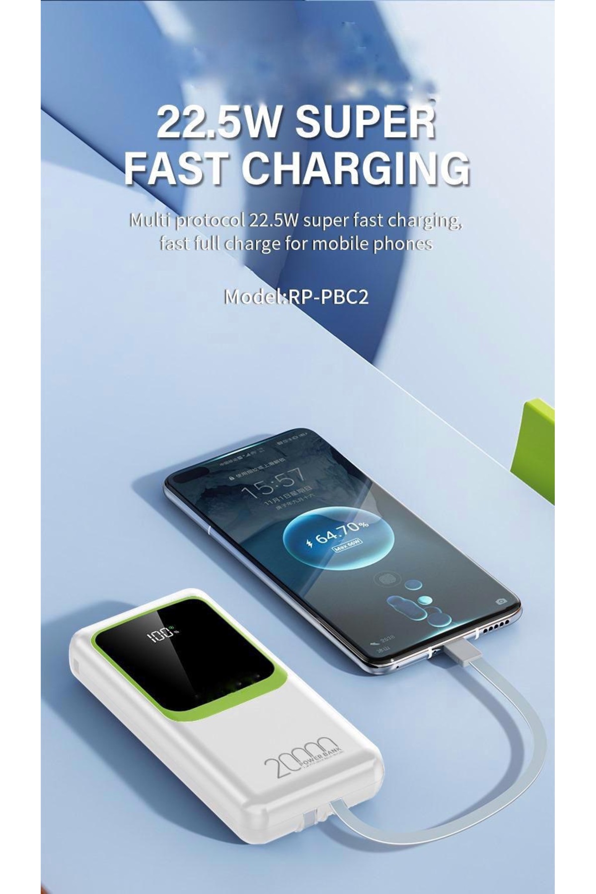 MEKTEK 20.000 mAh 22.5W Kendinden Kablolu Hızlı Powerbank - görsel 4