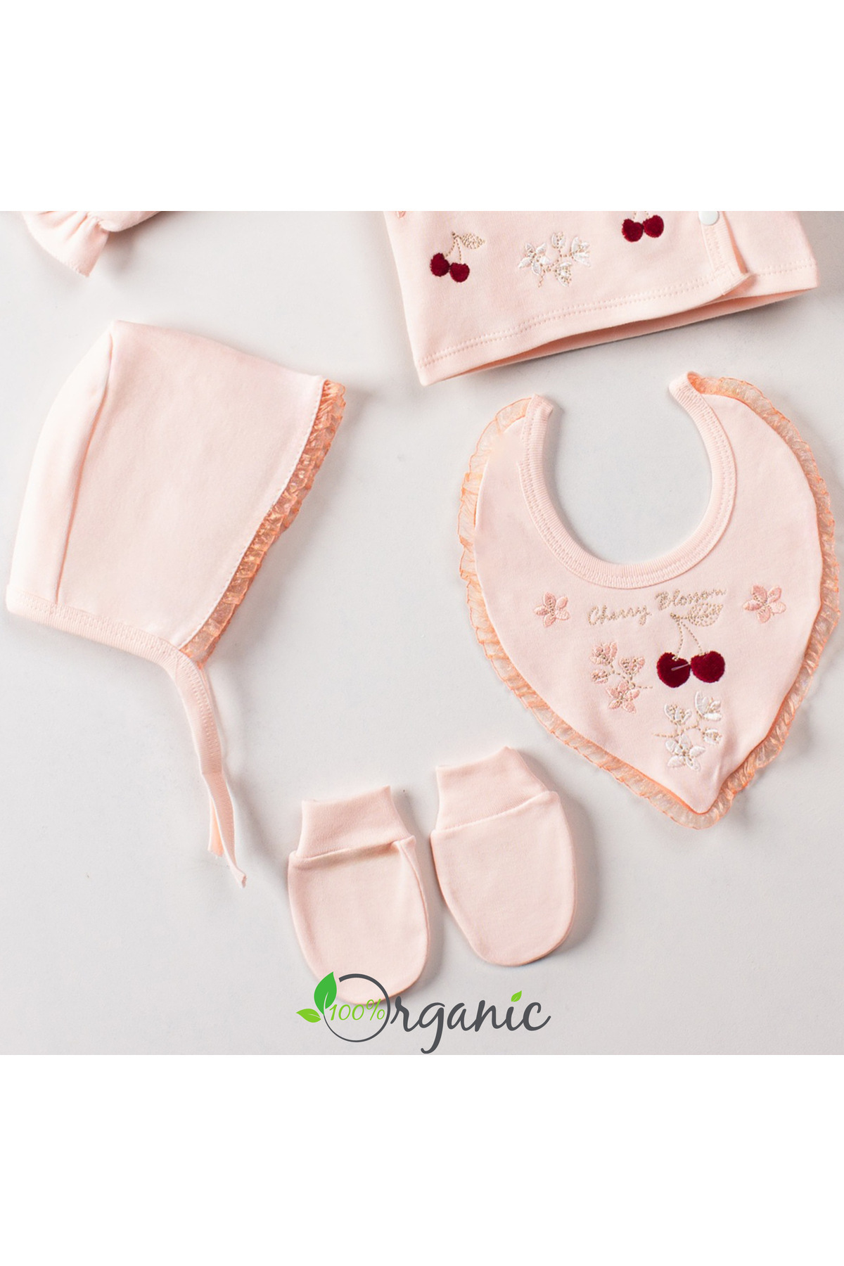 Miniel Kız Bebek Dantel Detaylı Kiraz Nakışlı Lora Şapkalı 5'li Yenidoğan Bebek Hastane Çıkışı Seti fotoğrafı 3 (önizleme)