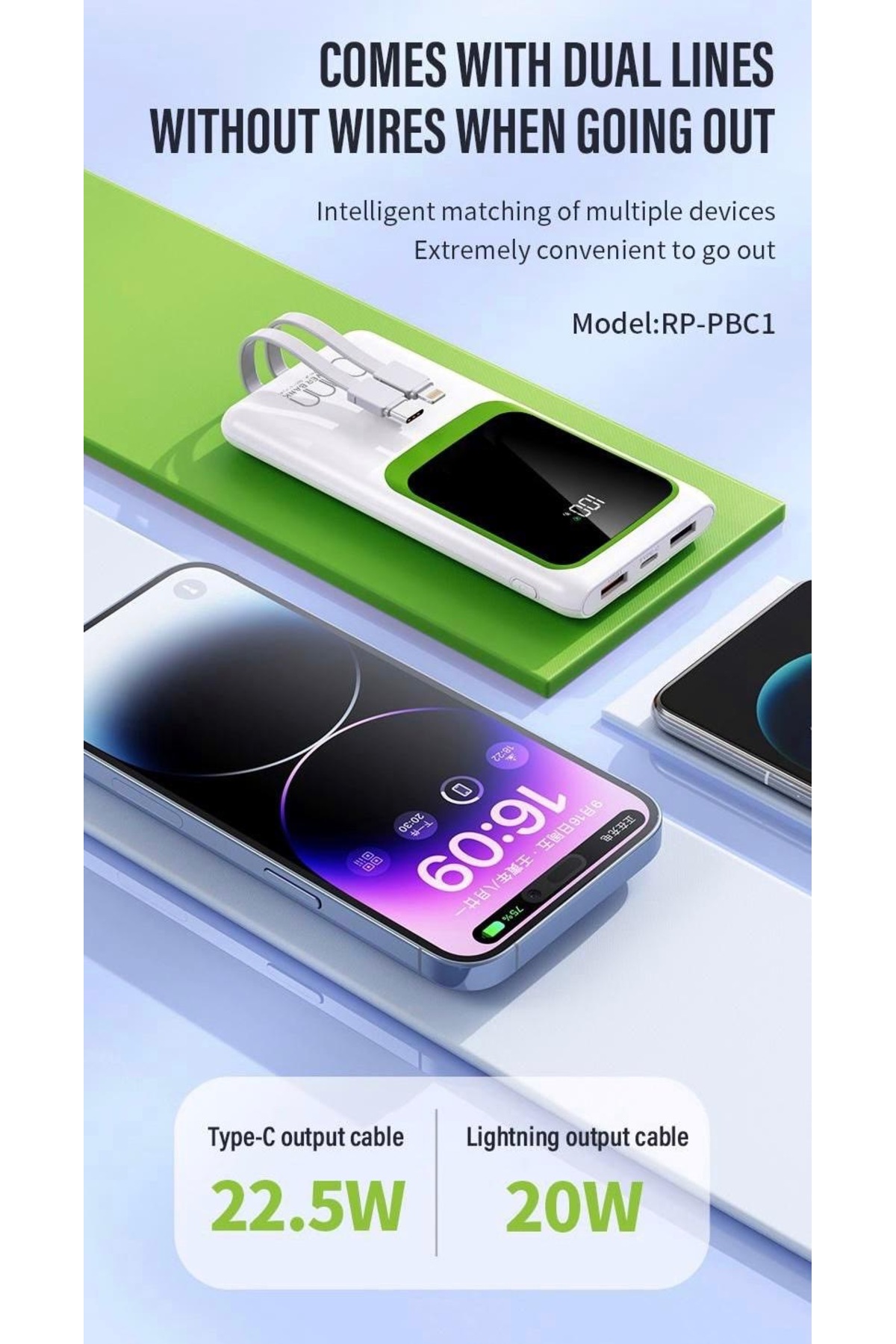 MEKTEK 10.000 mAh 22.5W Hızlı Powerbank Ekranlı,kendiliğinden Kablolu Üst Kalite - görsel 4