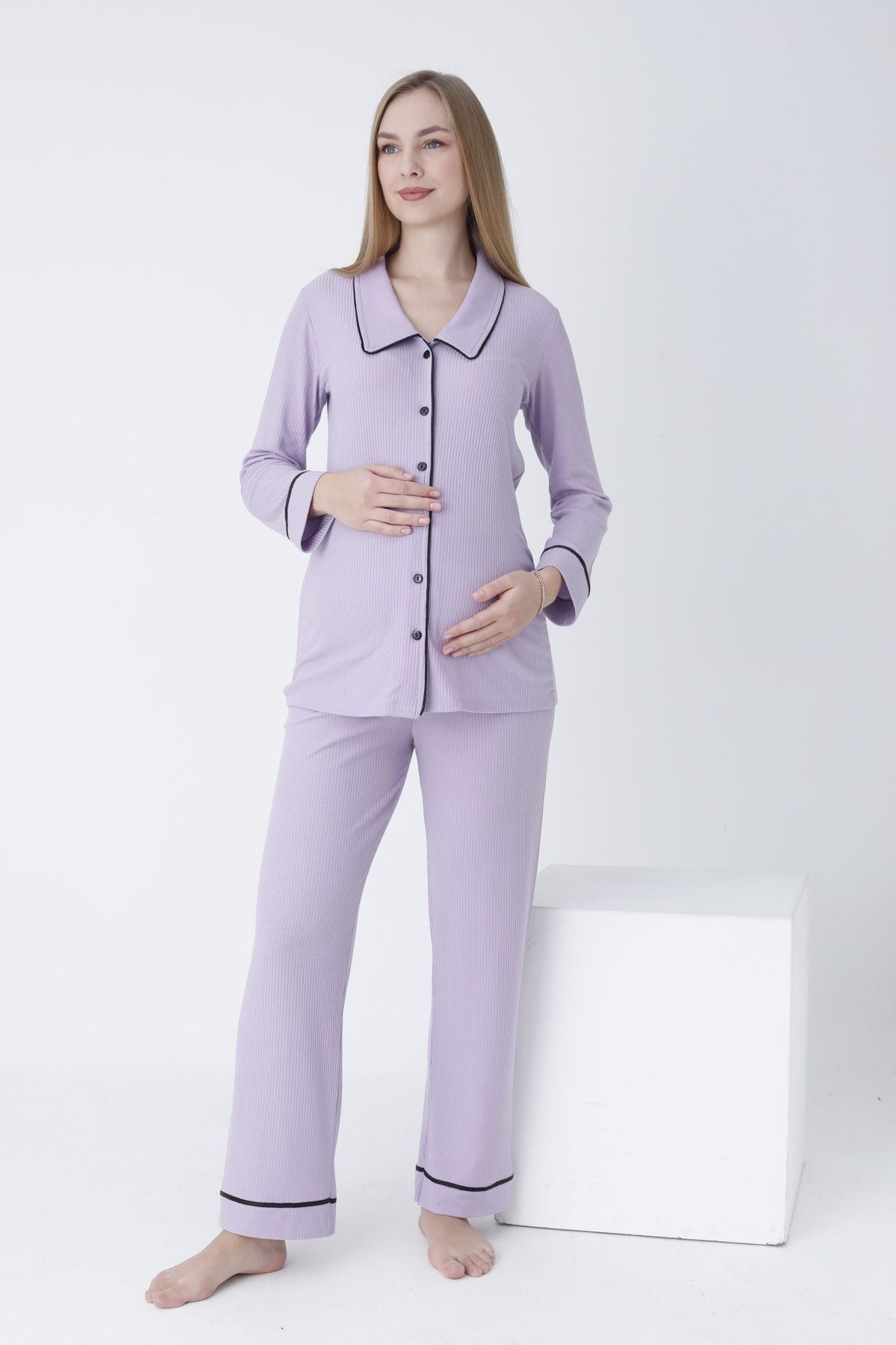 Miss Dünya Lissa-Baby Lapel Front Button Long Sleeve Corded Fabric Maternity and Maternity Pajamas Set 1