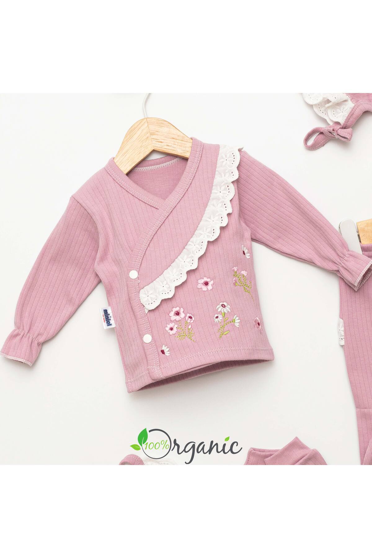 Miniel Kız Bebek Yeni Doğan Dantel Detaylı Lora Şapkalı 5'li Hastane Çıkış Seti fotoğrafı 2 (önizleme)