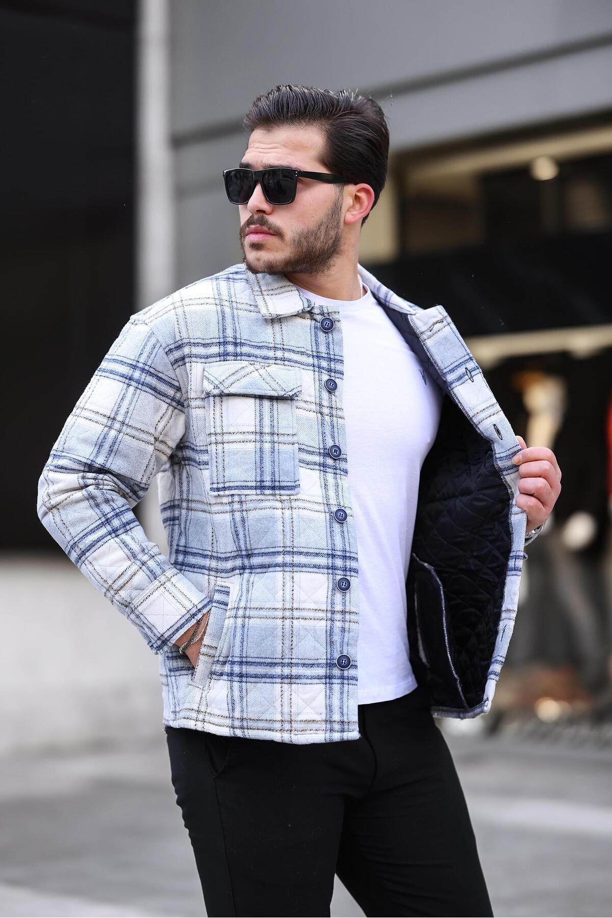 Miron-Gray White Plaid Quilted Detailed Regular Fit Jacket-2454 2