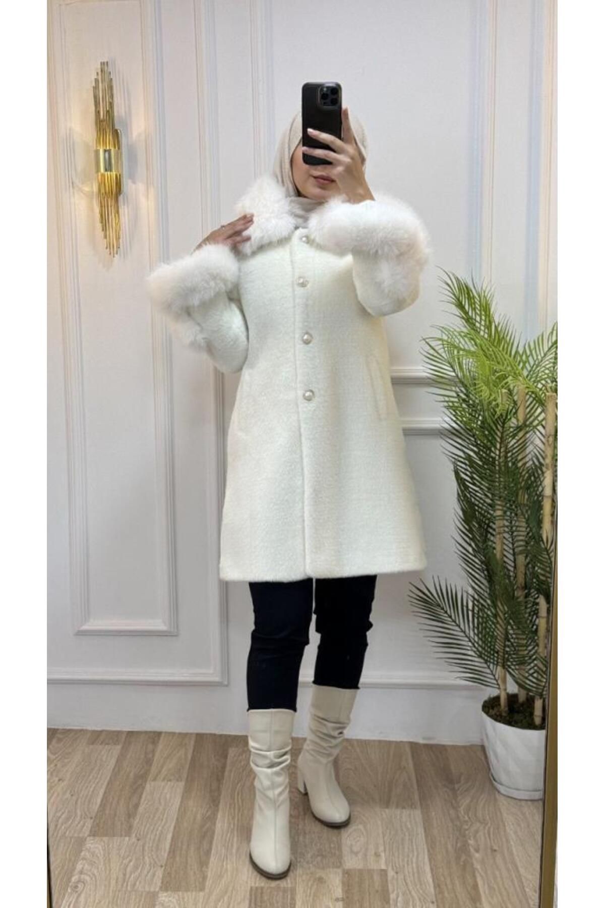 Tebrikler tekstil-Women's Winter Stylish Trench Coat - Shearling Collar, Bracelet Model Z0001, New Season 2