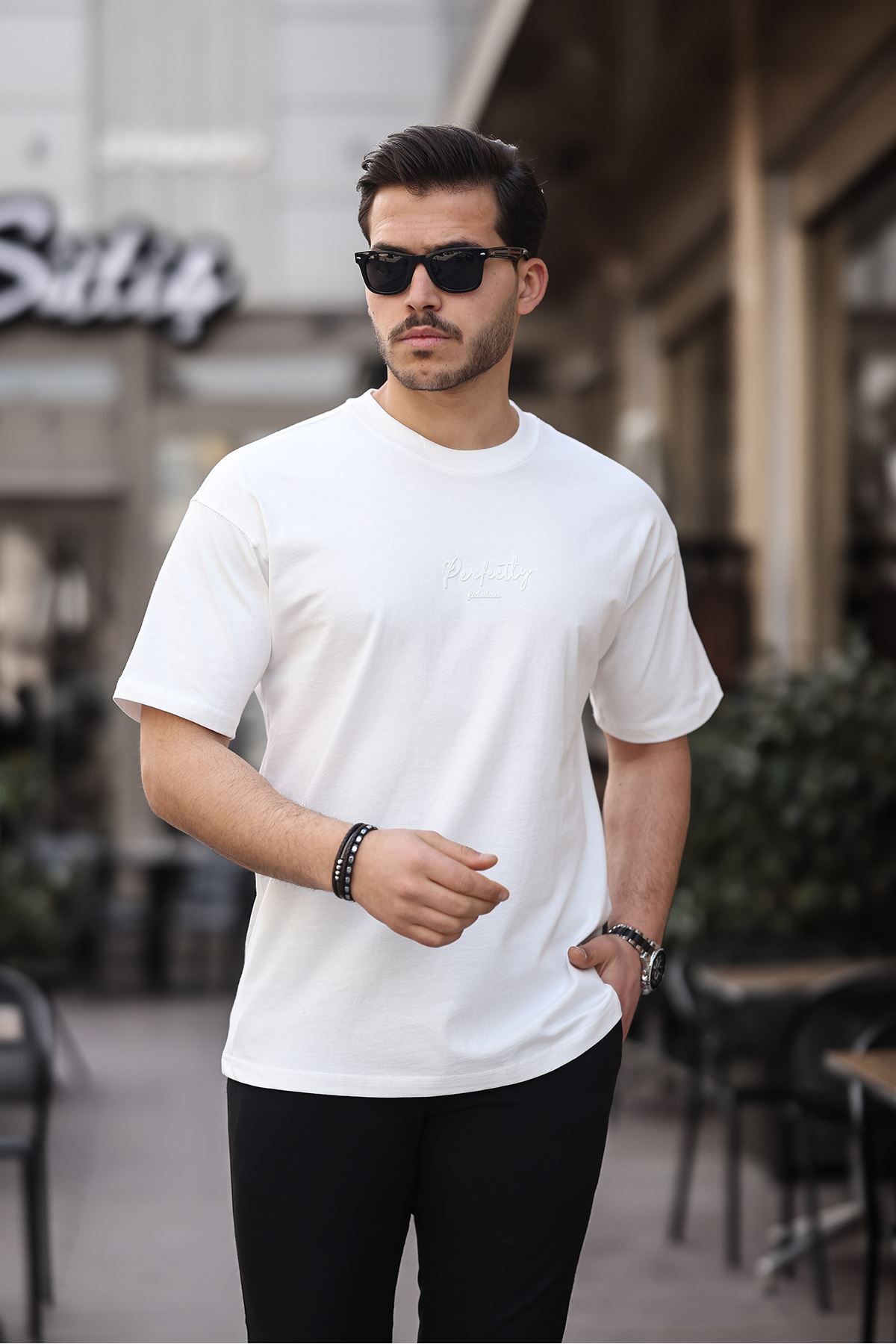 تی شرت سفید مردانه OVERSIZ 100 ٪ پنبه 16 1 ضخیم تزریق GRAMAJ طرح دار 3005 منگو LTC Jeans