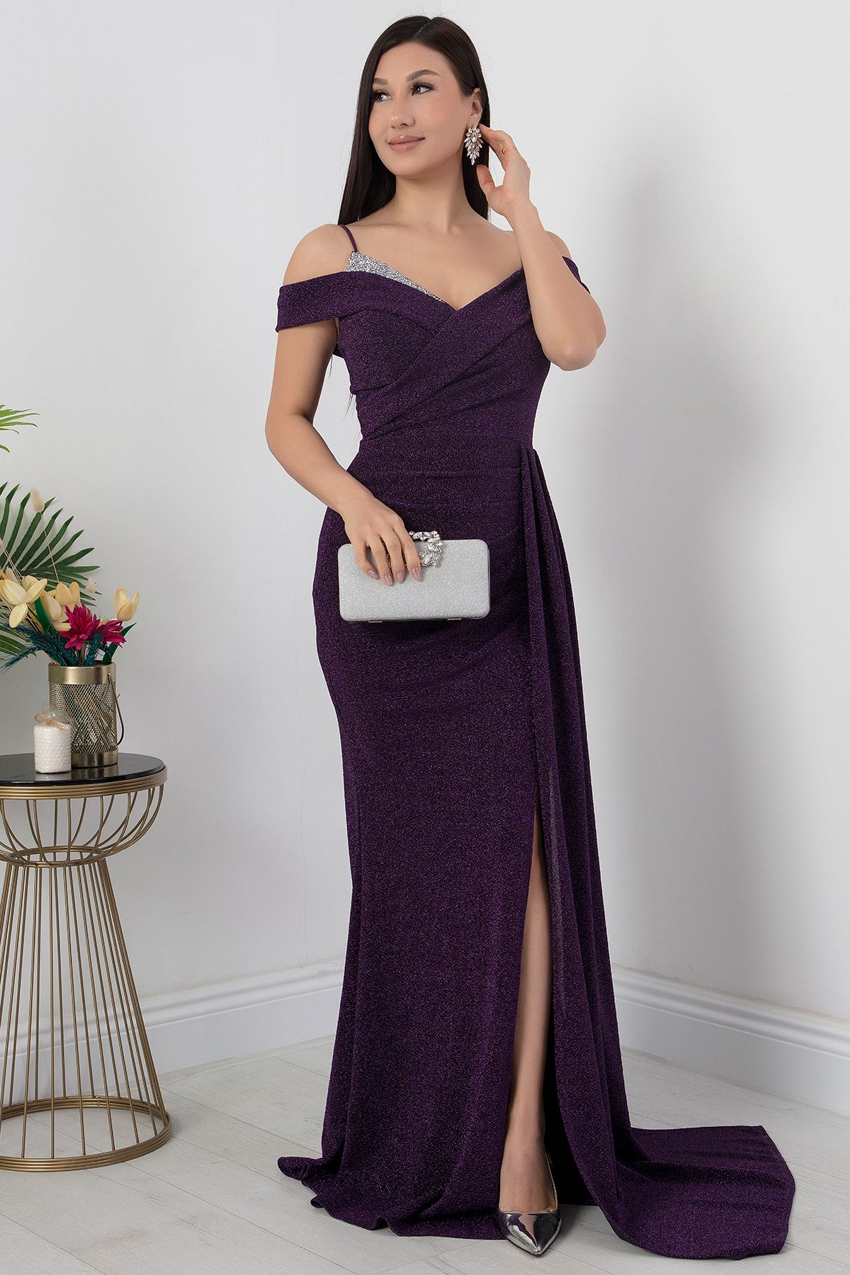 PULLIMM-Stone Detailed Slit Chest Evening Dress - 39950 3