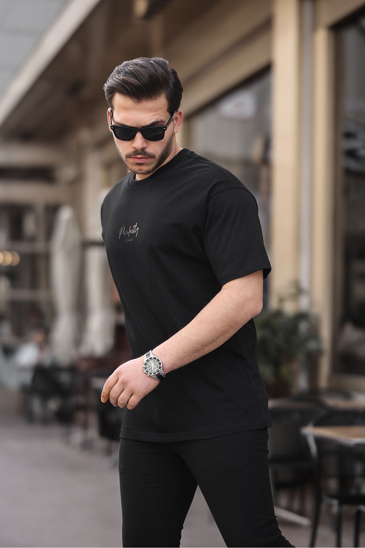 تی شرت مشکی مردانه سیاه OVERSIZE 100 ٪ پنبه 16 1 ضخامت تزریق GRAMAJ 3005 منگو LTC Jeans