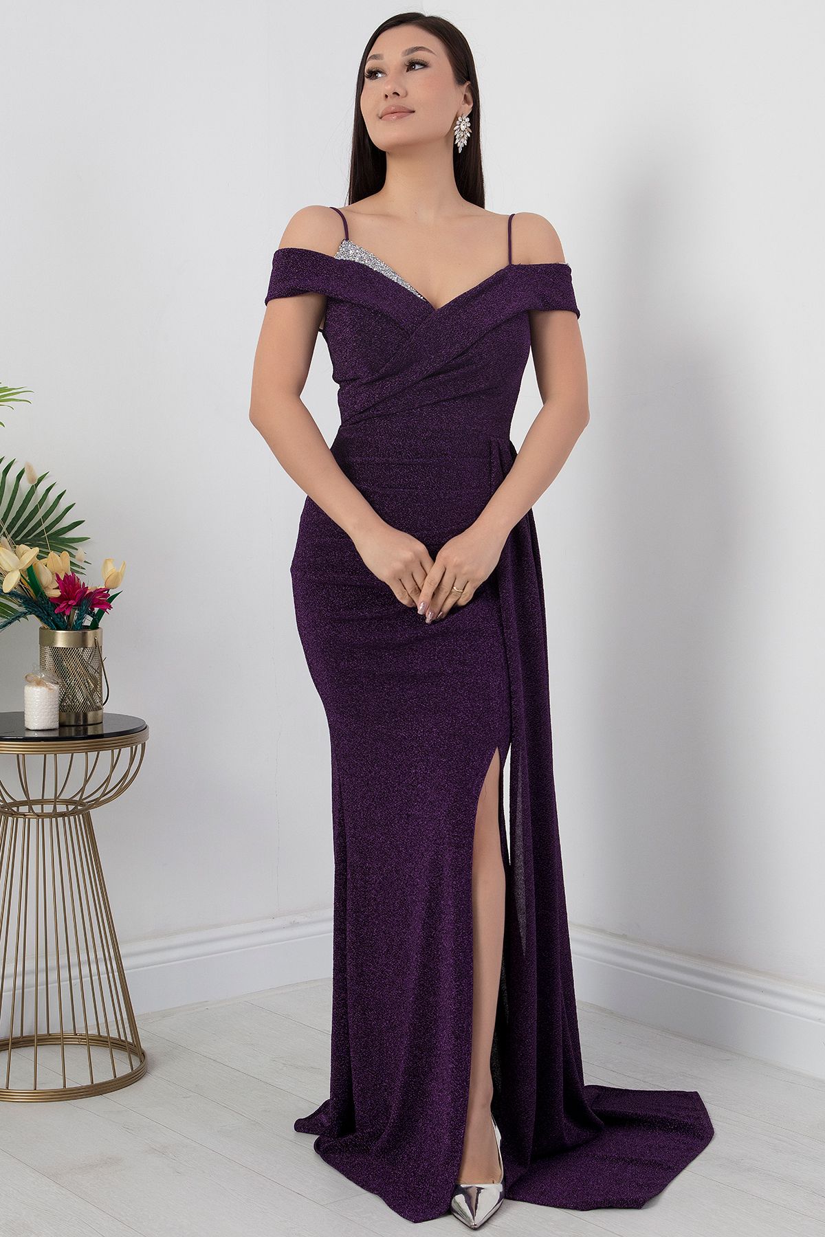 PULLIMM-Stone Detailed Slit Chest Evening Dress - 39950 6