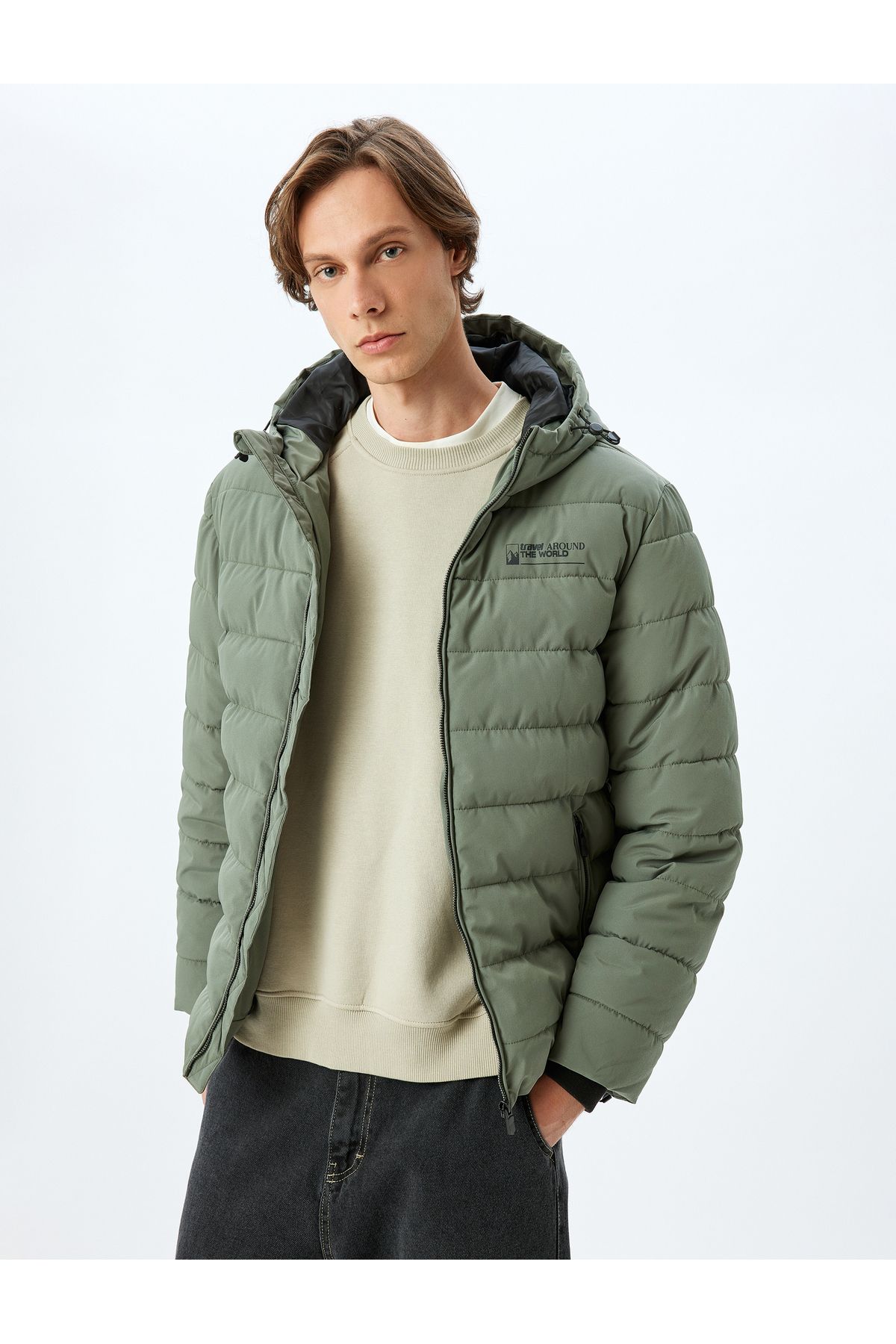 Koton-Slim Fit Zippered Puffer Jacket - Slogan Printed 3