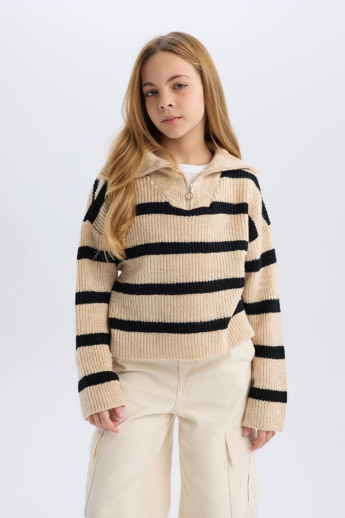 DeFacto-Girls' Standard Fit Stand Collar Zip-Up Striped Knitwear Sweater C9664A824Wn 3