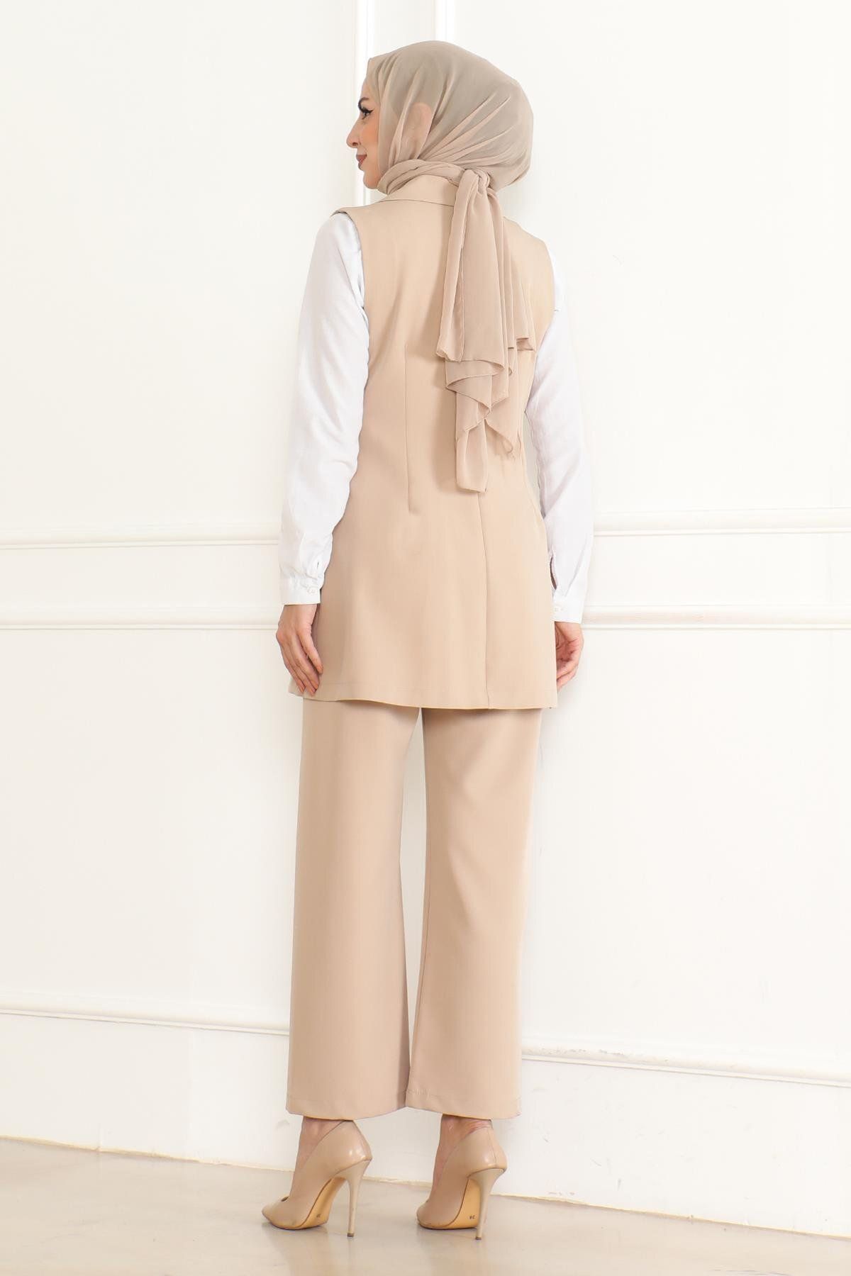 Modamihram-Beige Double Set - Button Detail, Model 19231 4