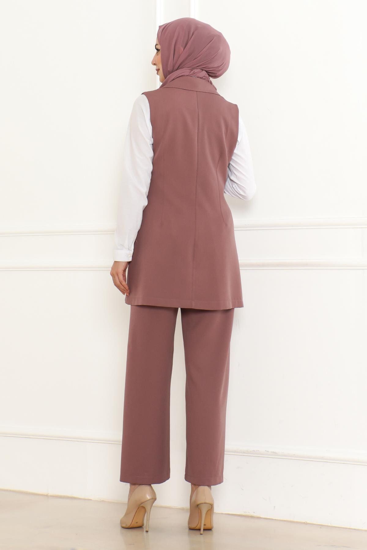 Modamihram-Dusty Rose Double Set - Button Detail, Model 19231 4