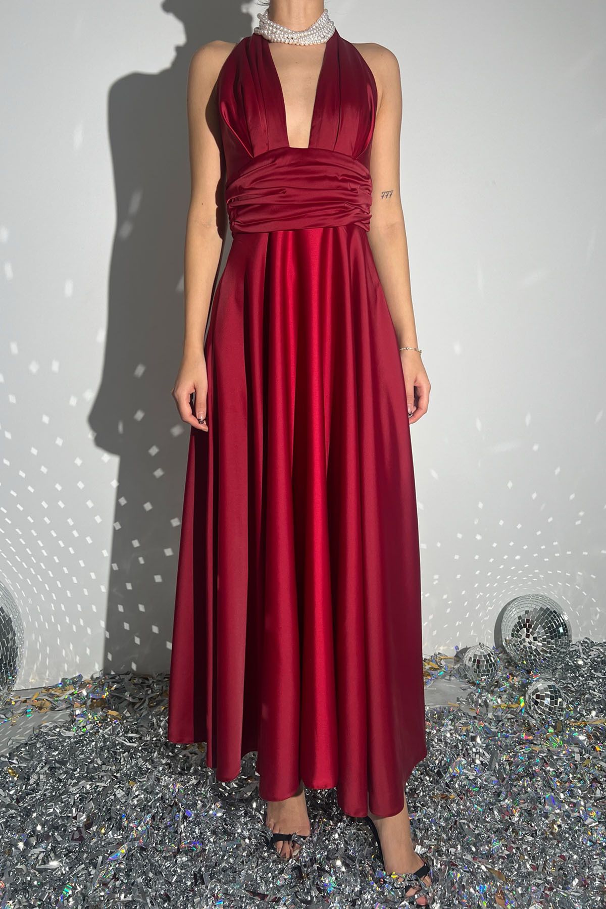 Seda Yalçın Atelier-Burgundy Puglia Design Back Detail Satin Dress 5