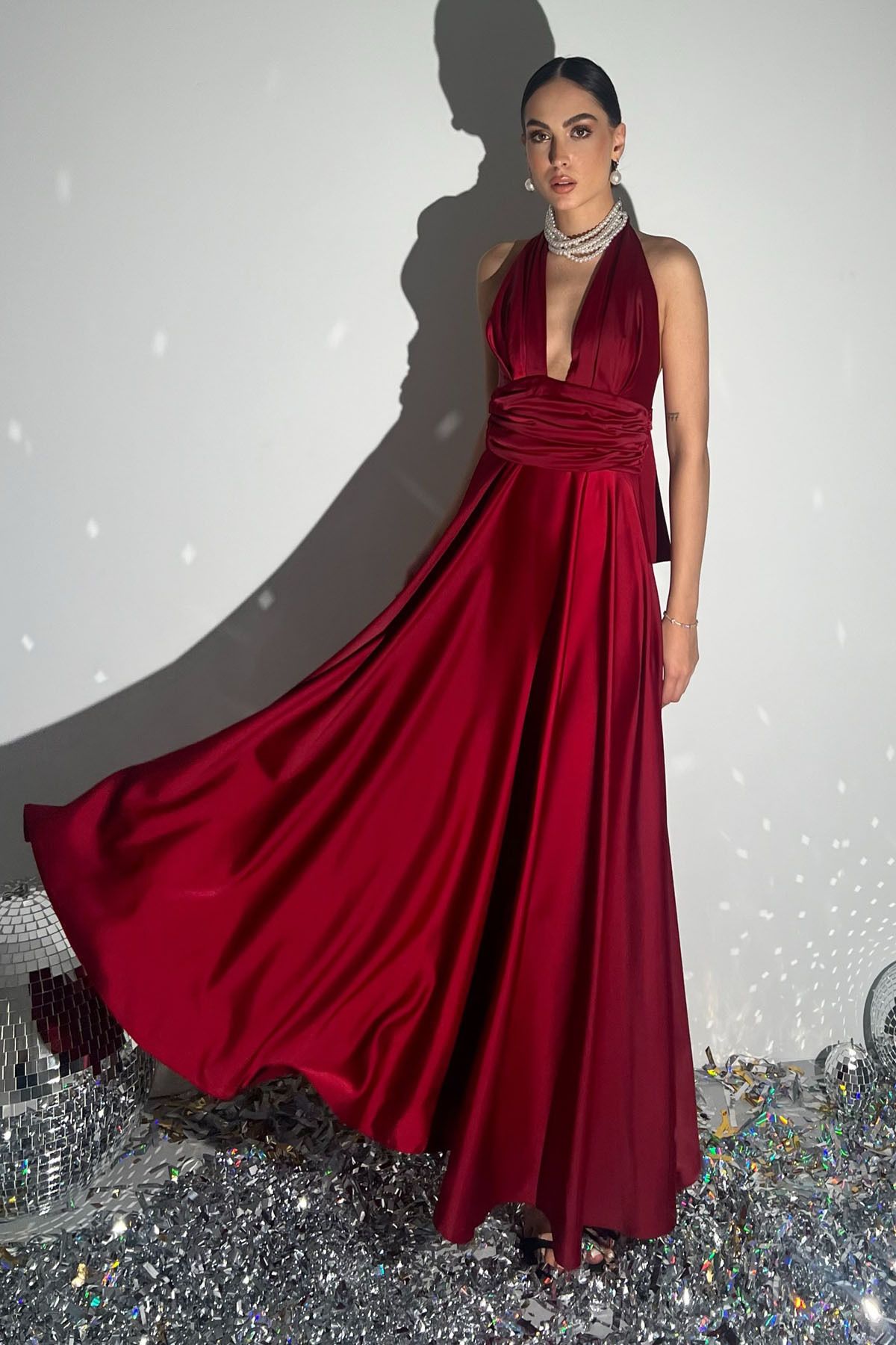 Seda Yalçın Atelier-Burgundy Puglia Design Back Detail Satin Dress 3