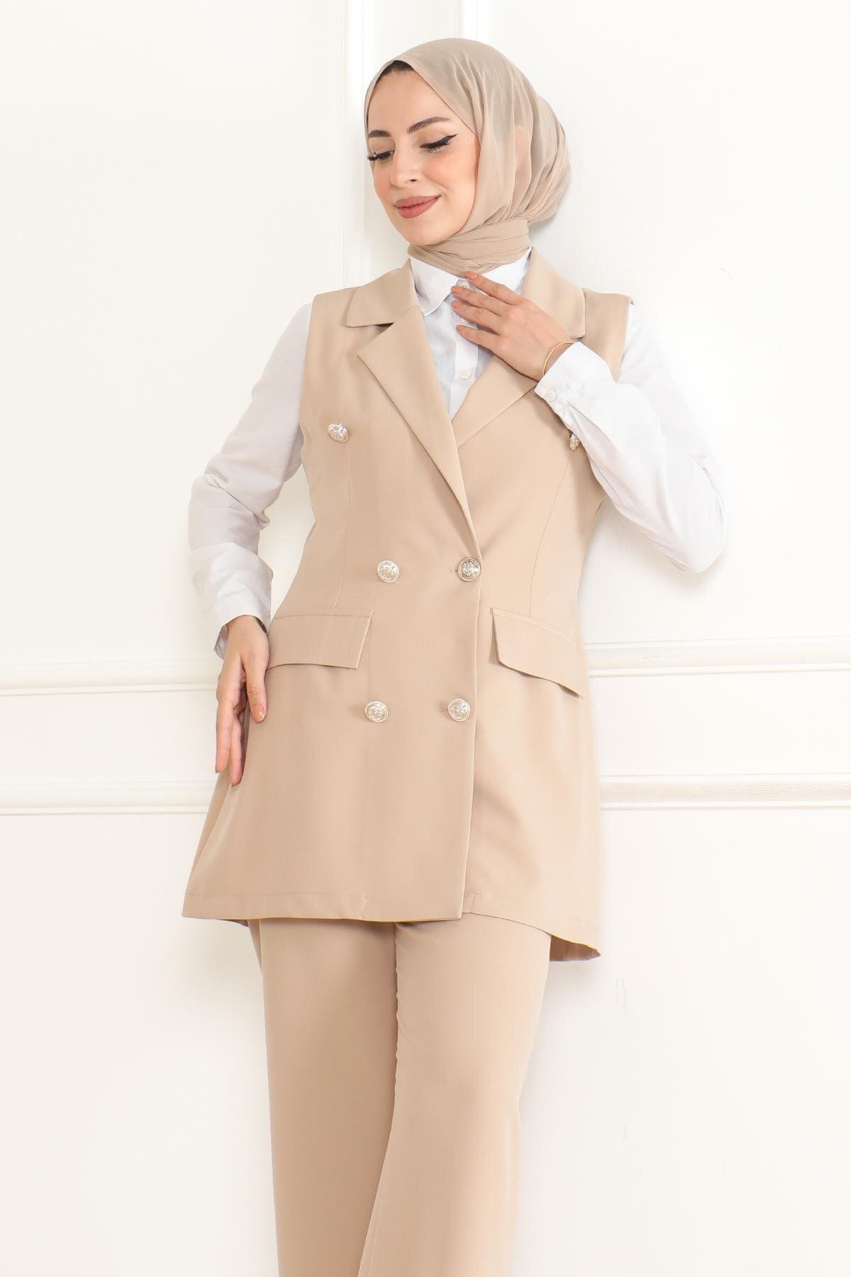 Modamihram-Beige Double Set - Button Detail, Model 19231 2