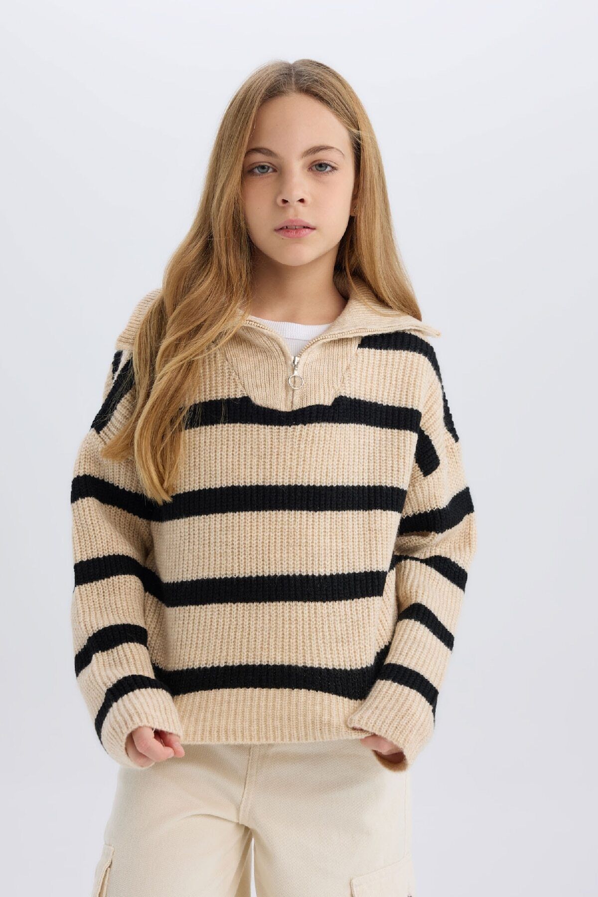 DeFacto-Girls' Standard Fit Stand Collar Zip-Up Striped Knitwear Sweater C9664A824Wn 4