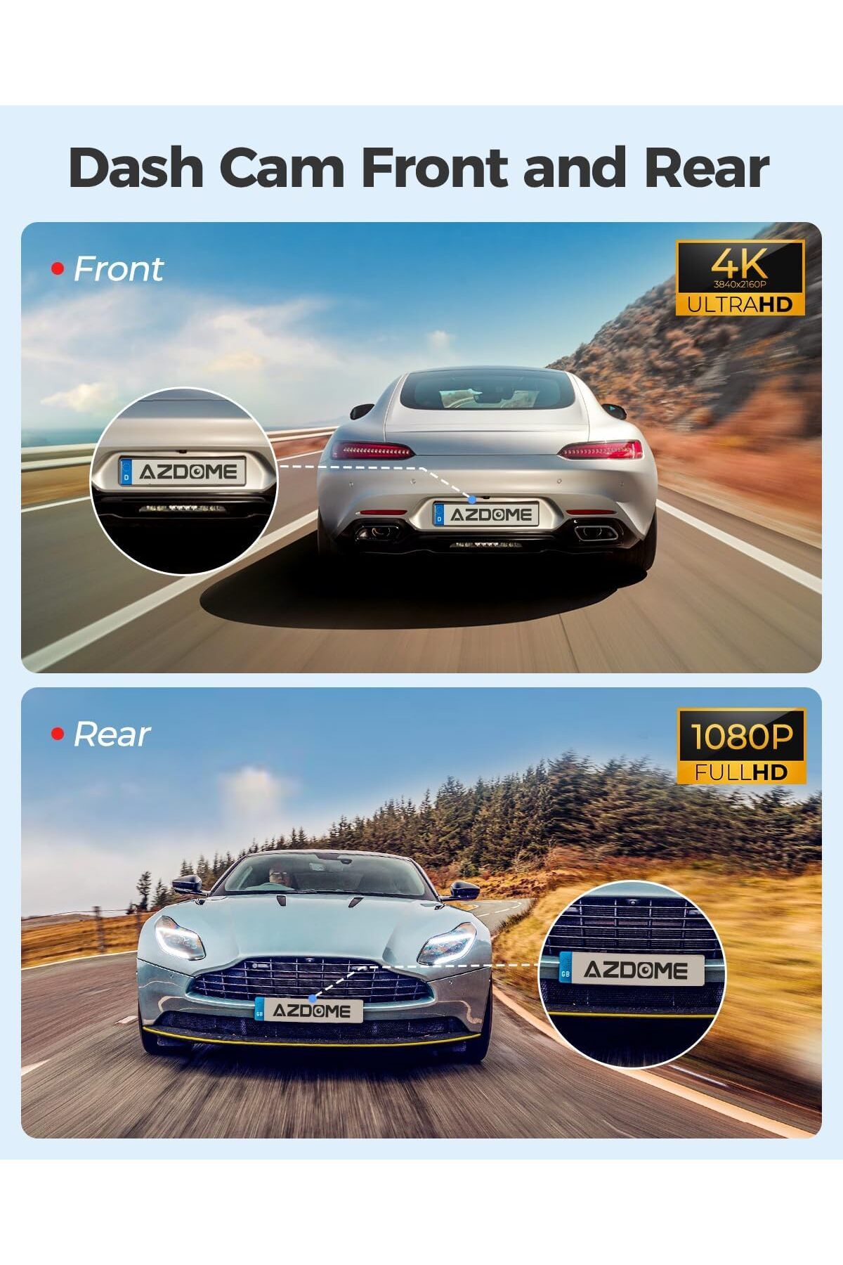 AZDOME-4K Front+ Rear Dash Cam M300S with WiFi, Dash Cam Front and Rear GPS 64GB SD Card included 2