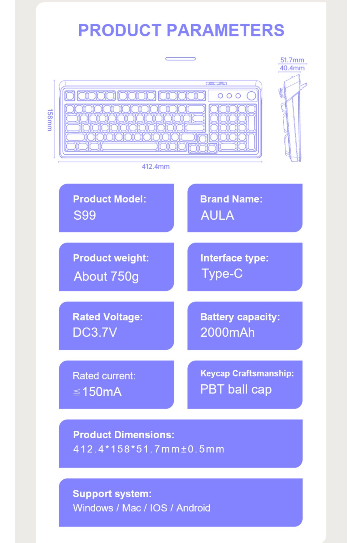 Aula-لوحة مفاتيح S99 ثلاثية الأوضاع مع مقبض وسائط غشائية قابلة للبرمجة للكمبيوتر RGB لوحة مفاتيح ألعاب كريمية لاسلكية 3