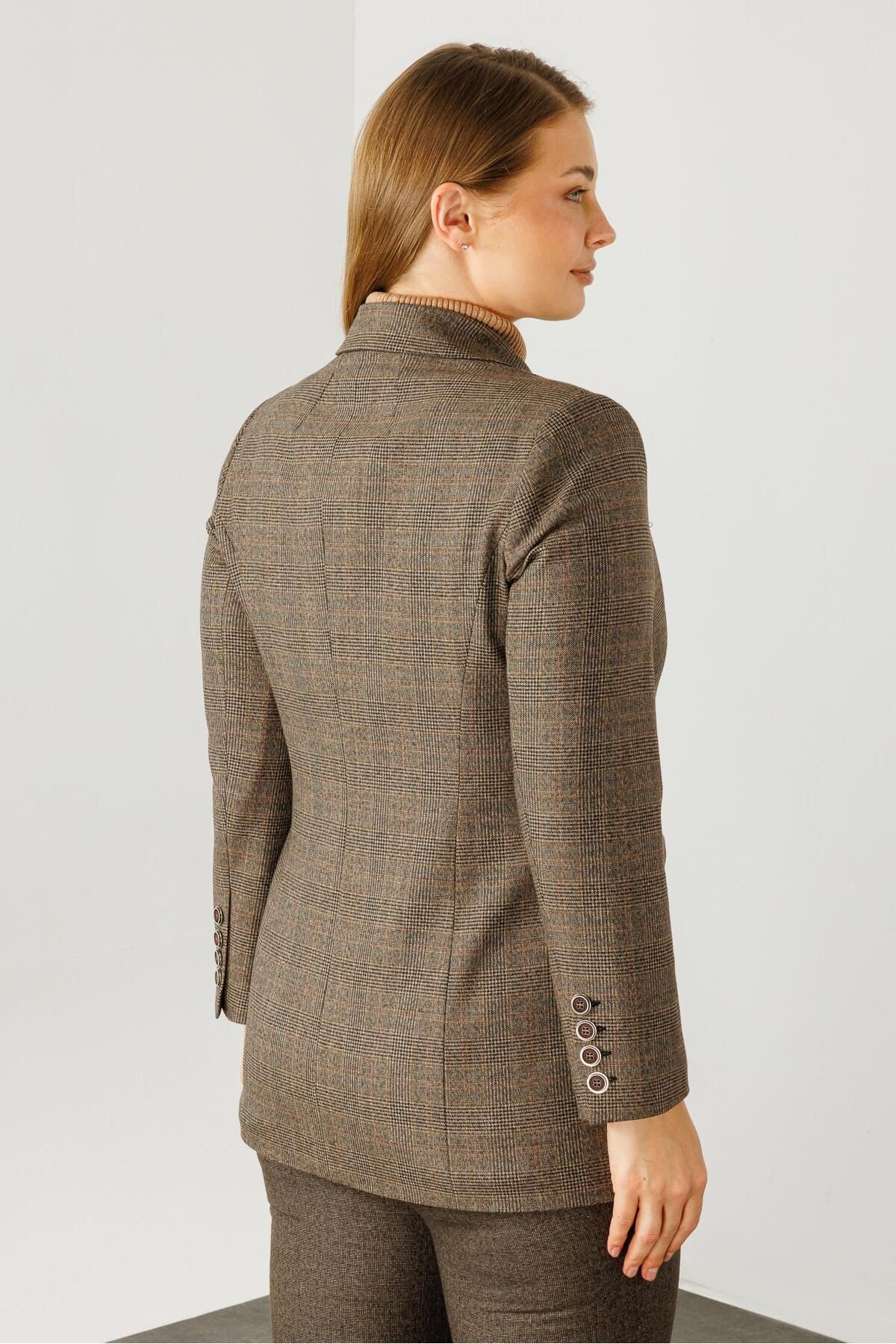 Moda İlgi-Single Button Plaid Coffee Jacket - Modailgi 6