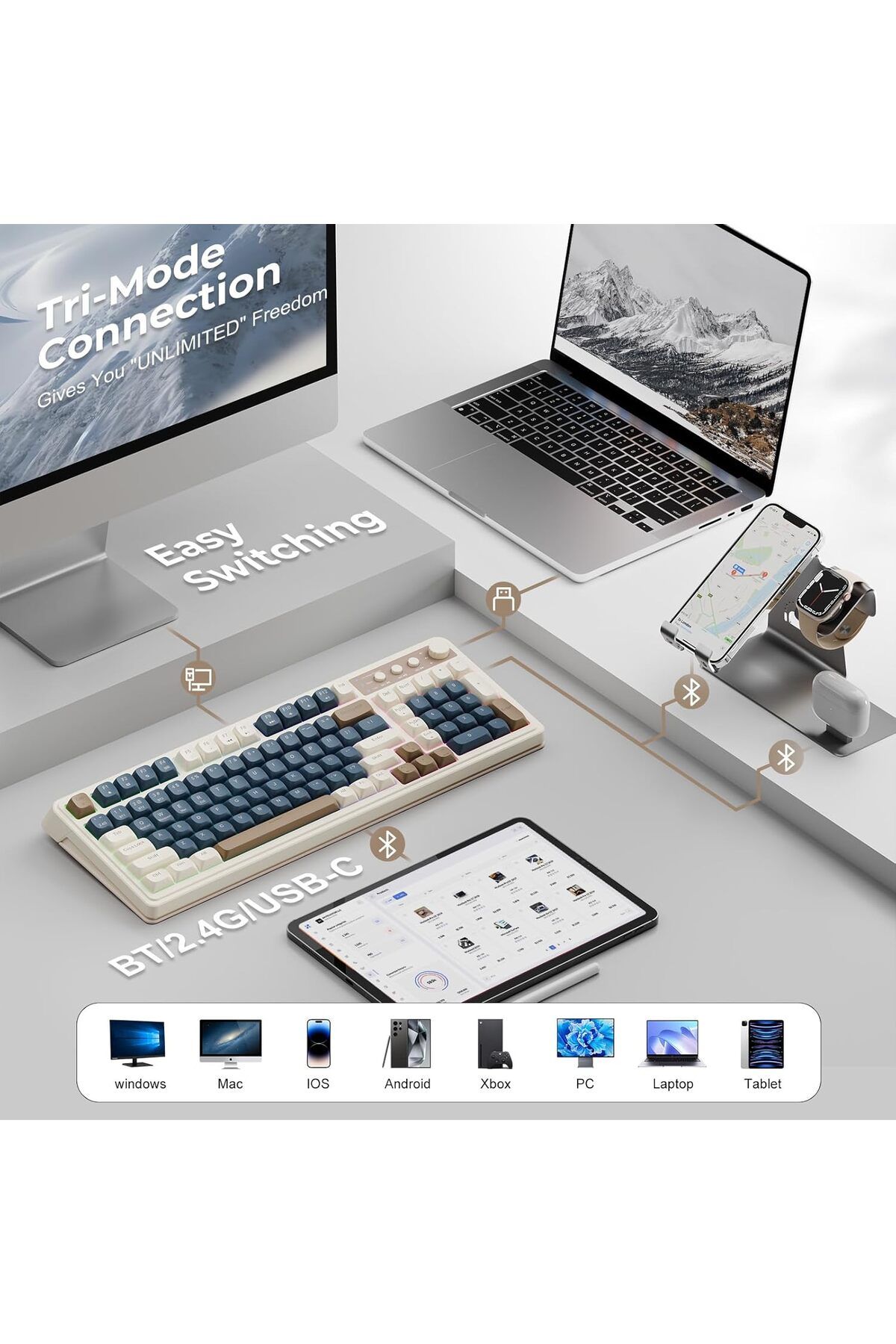 Aula-S99 Keys Tri-Mode with Media Knob Programmable Membrane Computer RGB Wireless Creamy Gaming Keyboard 5