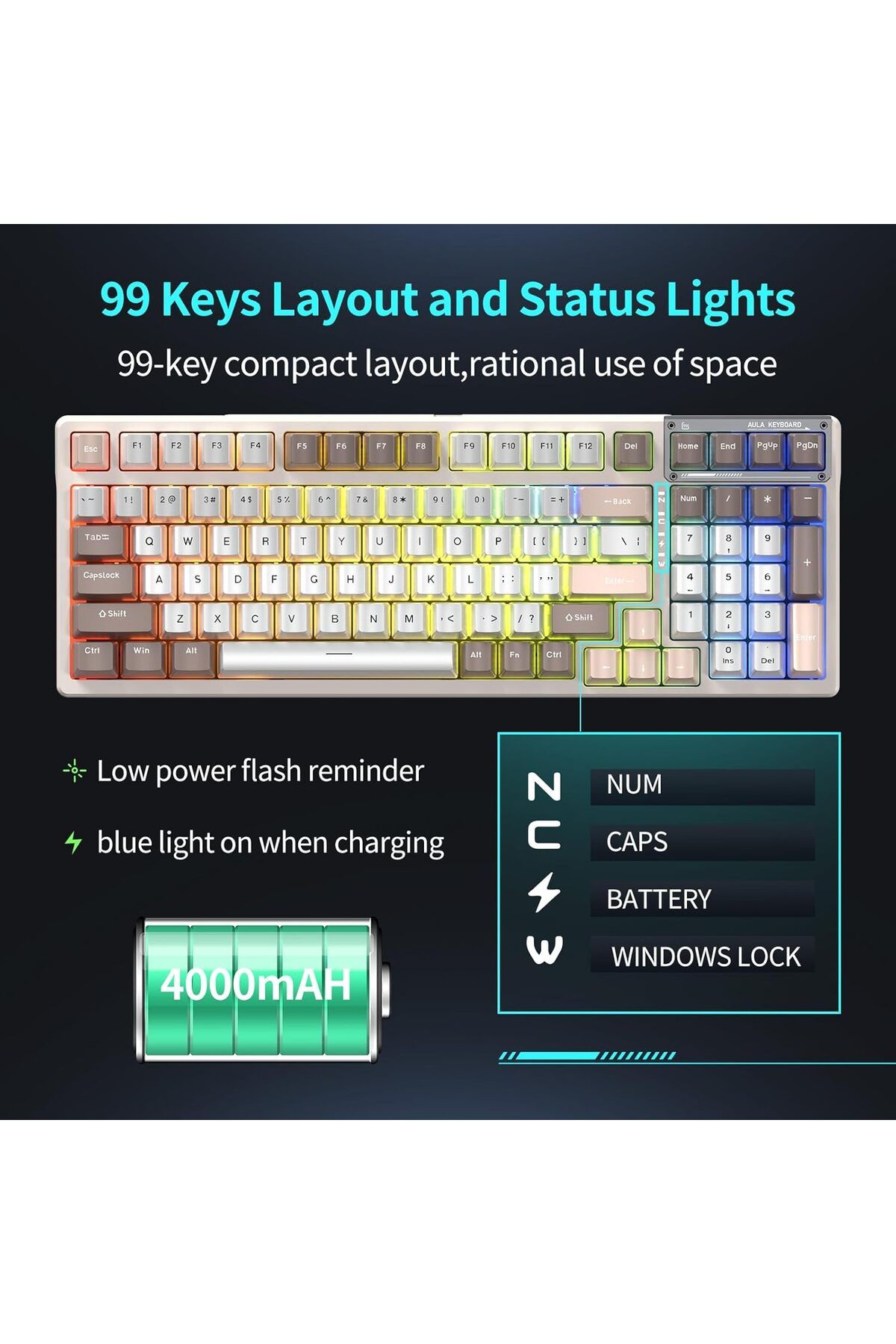 Aula-F98 95% Tri-Mode RGB Wireless Mechanical Gaming Keyboard, Pre-lubed Nimbus V3 Switches Hot-swappable 7