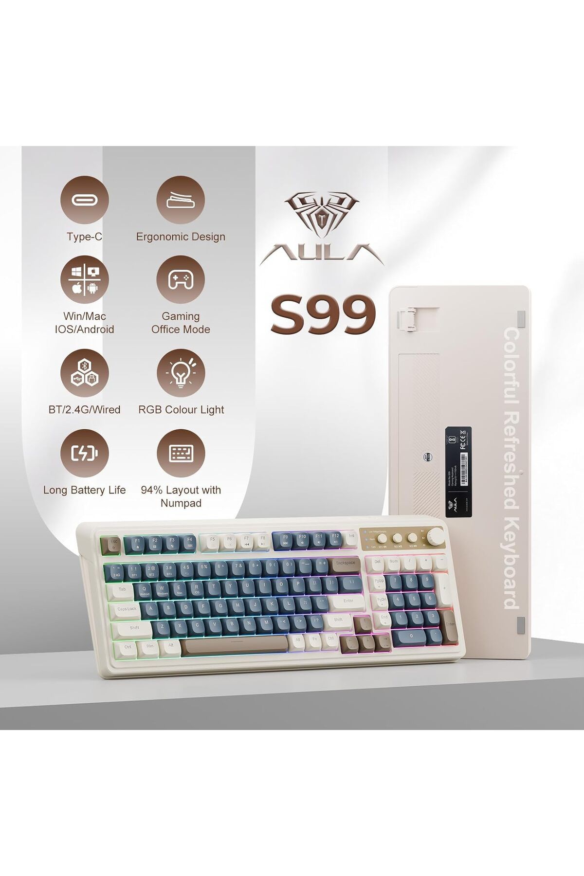 Aula-S99 Keys Tri-Mode with Media Knob Programmable Membrane Computer RGB Wireless Creamy Gaming Keyboard 2